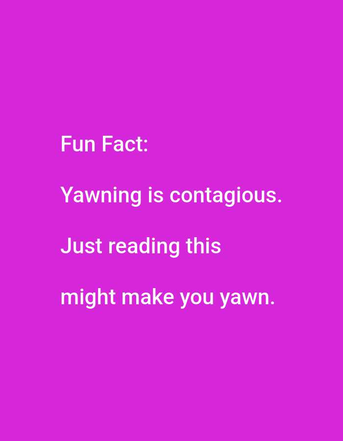 This media file is a static image with a solid bright pink background. White text is displayed in the center of the image, arranged in four lines. The text reads "Fun Fact:", "Yawning is contagious.", "Just reading this", and "might make you yawn.". There are no people, objects, or scene depicted in the image. The text itself is the sole subject. No time of day, weather, or specific location cues are present. The overall emotion conveyed is lighthearted and informative, as suggested by the "Fun Fact" heading. The location context of Lagos, Nigeria, does not provide any discernible information relevant to the visual content of the image.