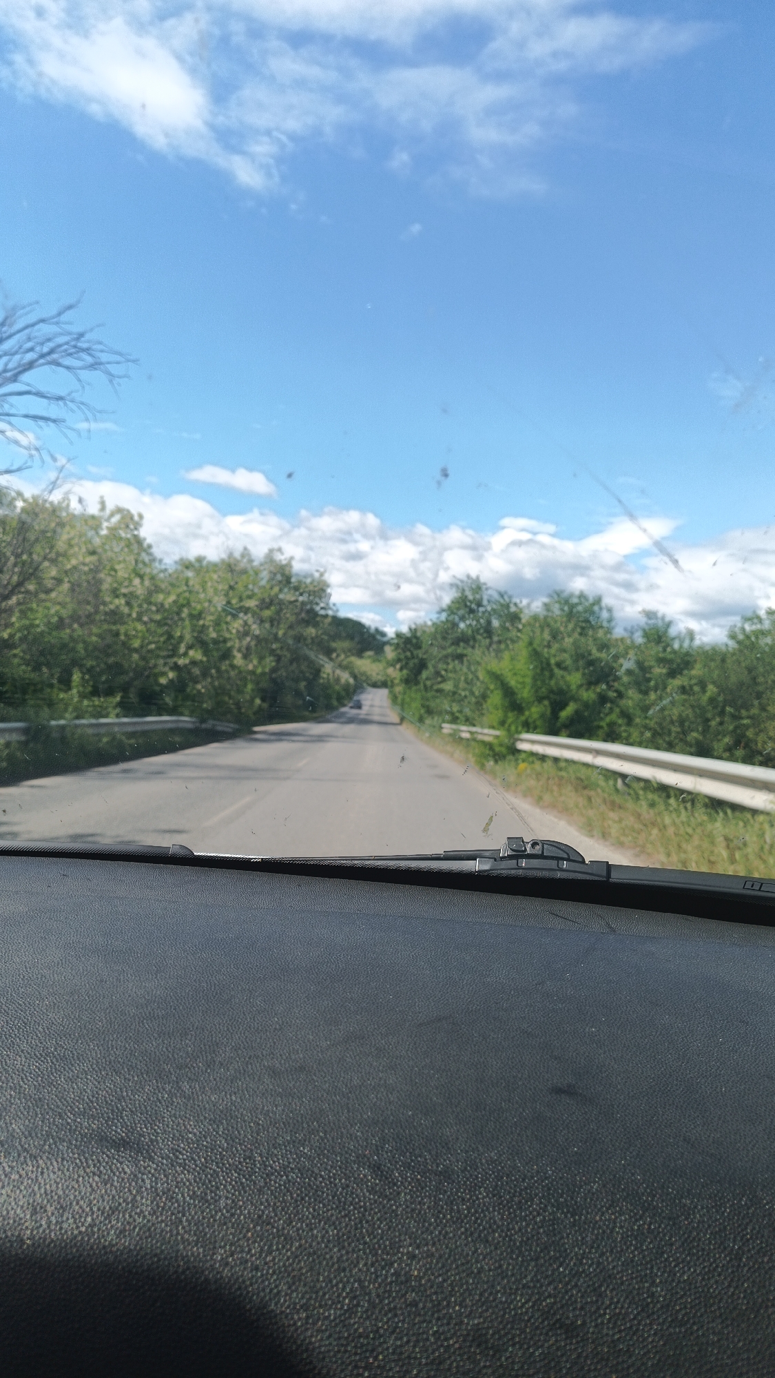 The image depicts a view from inside a car, looking out onto a road. The dashboard of the car occupies the bottom portion of the frame. A single lane road stretches into the distance, flanked by trees on both sides. White guardrails are visible along the right side of the road. The sky is blue with scattered white clouds. A distant vehicle is visible on the road. The location is likely Boliartsi, Bulgaria, given the prompt.