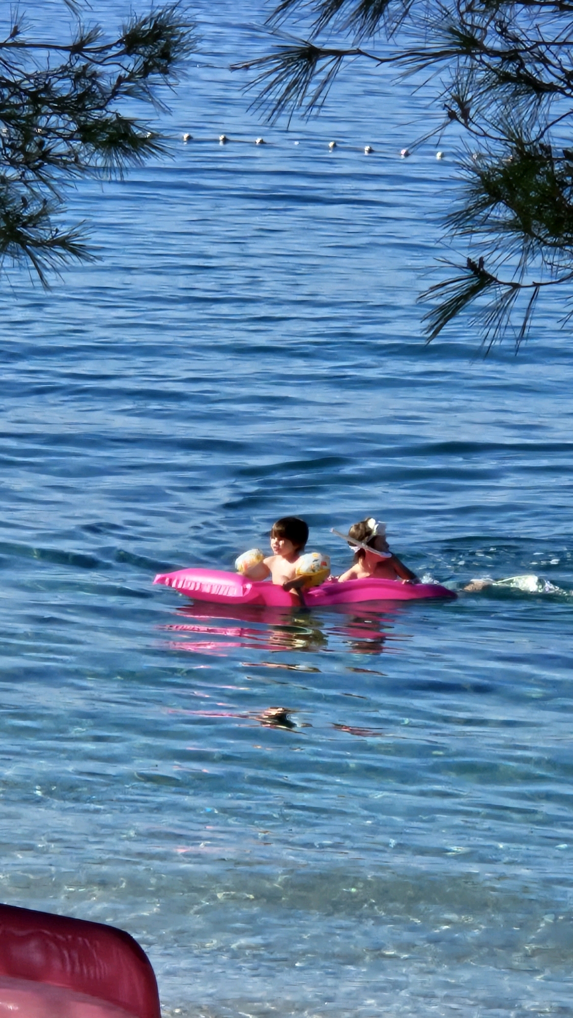 Two young children are on a pink inflatable raft in the clear blue water of the Adriatic Sea near the shore of Općina Tučepi, Croatia. The child on the left is a boy, facing towards the right, with yellow arm floaties on. The child on the right is a girl wearing a white swim cap and snorkel mask. Both children appear to be looking at something out of frame to the right. The water is slightly choppy, with sunlight reflecting off the surface. In the foreground, the edge of another red inflatable object is visible. Pine branches frame the top of the image, suggesting the location is near a coastal pine forest. A rope with buoys is visible in the distance, marking a boundary in the water.