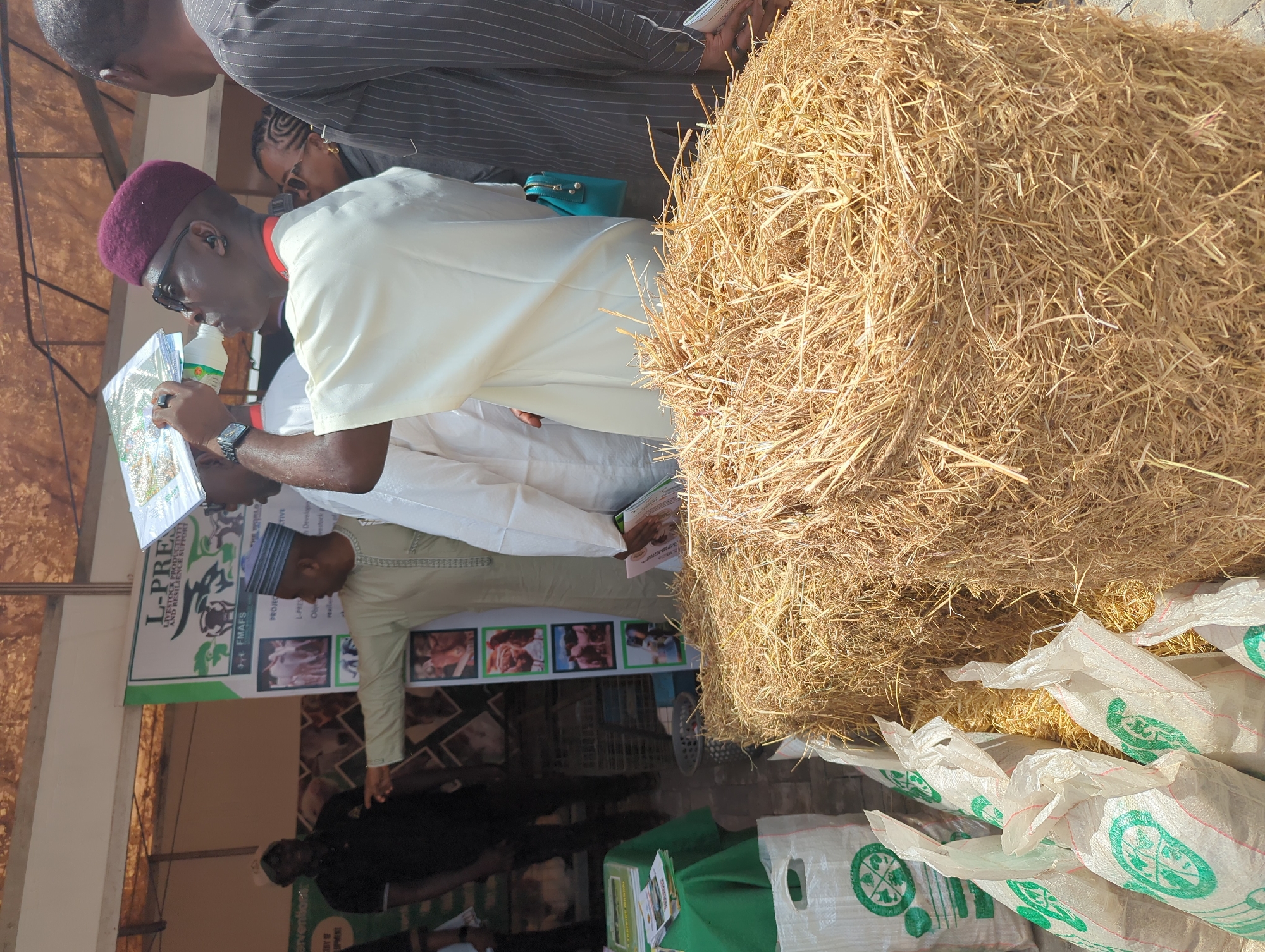The image depicts a gathering of people near what appears to be an agricultural exhibition or market stall. It is possibly located in Unguwan Sanusi, Nigeria, judging from clues in the image. A pile of hay sits prominently to the right, next to several white bags with green designs, potentially containing grains or seeds. Several people are present, and some are reading printed material. There is a banner for "L-PRES", which appears to be an agriculture related project. The overall impression is of an event connected to farming or livestock, with people engaged in learning and discussion.