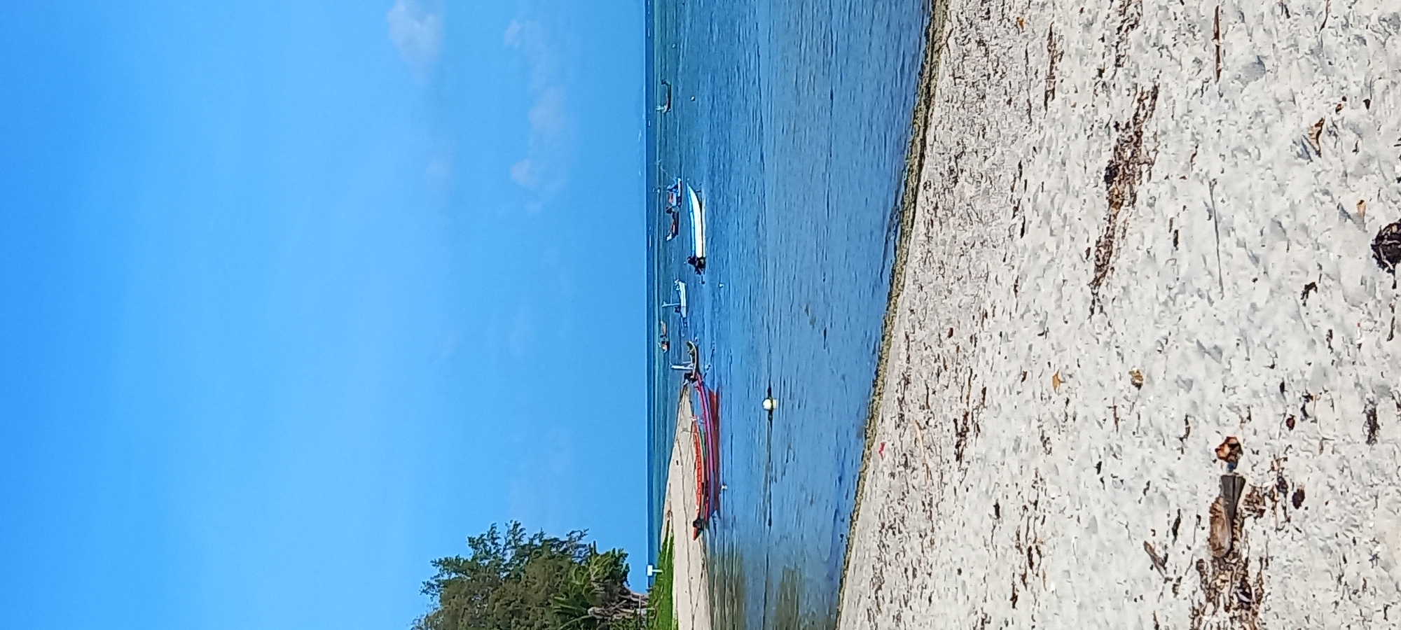 The image captures a vibrant coastal scene under a clear, bright blue sky. The upper left portion of the frame is dominated by the expansive, cloudless sky, suggesting sunny and pleasant weather conditions.
A calm, turquoise-blue body of water occupies the middle ground, extending horizontally across the frame. Its still surface reflects the sky, indicating a peaceful bay or sheltered beach area. Several small boats and watercraft are scattered across the water, including a prominent white boat, a red and white kayak or paddleboard, and other smaller vessels. Individuals can be seen on or near these watercraft, engaging in recreational water activities. A small yellow buoy floats in the water near the center.
To the right, a sandy beach with a light, off-white color forms a gentle curve along the shoreline. The sand appears dry with some small debris, typical of a natural beach environment. On the far left (bottom of the rotated image), lush green foliage from trees extends into the frame, indicating coastal vegetation.
The scene depicts a bright daytime, likely mid-day, given the strong illumination and lack of long shadows. The overall impression is one of leisure and tranquility at a tropical beach. There is no visible text in the image. This serene setting is characteristic of Thong Sala, Thailand.