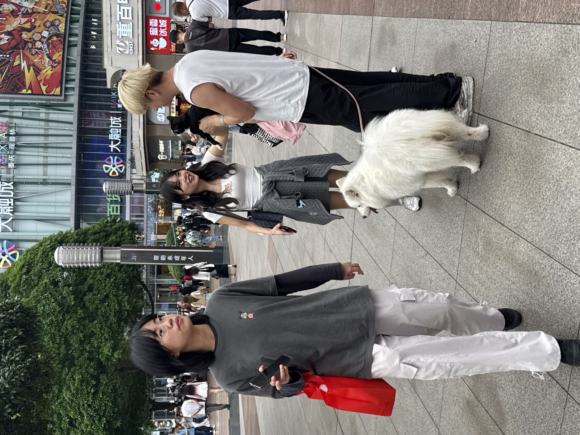 The image shows a bustling urban scene in the Liangjiang New Area of Chongqing, China. Two people are walking with their dogs. A woman with long, dark hair is smiling while holding a black cat and walking a white Samoyed dog. A man with blonde hair is walking beside her, also holding the leash of the Samoyed. In the foreground, another person is walking by with a red bag and a phone in their hand. There are other people walking in the background, and various signs and buildings can be seen in the background, including advertisements and businesses. The environment appears to be a shopping or commercial district.