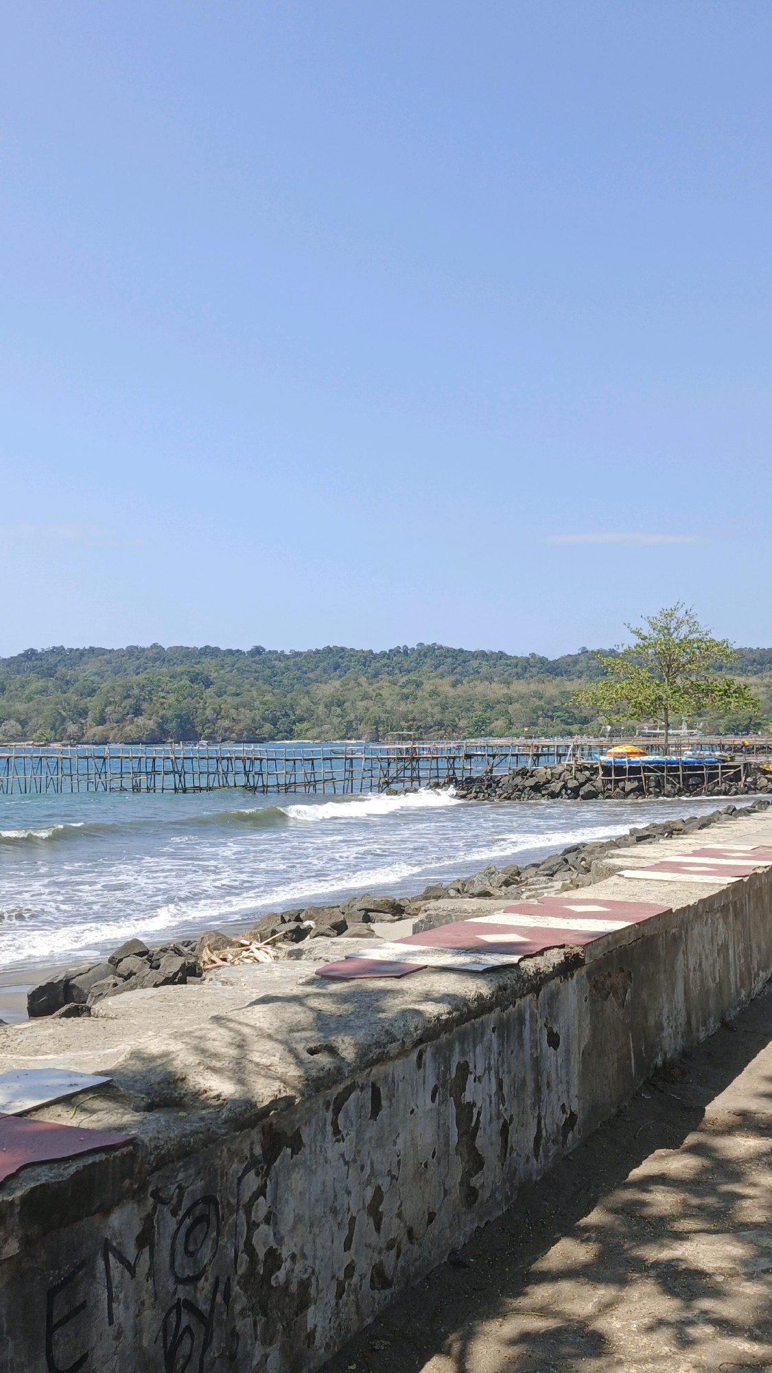 This is a vertical, eye-level, outdoor, daytime photograph of a beach and a wooden pier in Desa Pagandaran, Indonesia. The sky is a clear, bright blue, with no clouds. The ocean is a medium blue and appears calm, with small waves breaking on the shore. The beach is lined with dark rocks. A wooden pier extends from the right side of the frame into the ocean. There is a single, small, leafy tree to the right of the pier, with what appears to be a yellow and blue tarp visible underneath it. In the foreground, there is a concrete wall with graffiti on it. The wall is rough and weathered, and some sections are chipped and damaged. Red and white tiles are embedded in the top of the wall. The ground next to the wall is sandy, with some shadows from trees cast across it. A few pieces of driftwood are visible on the beach near the water's edge.