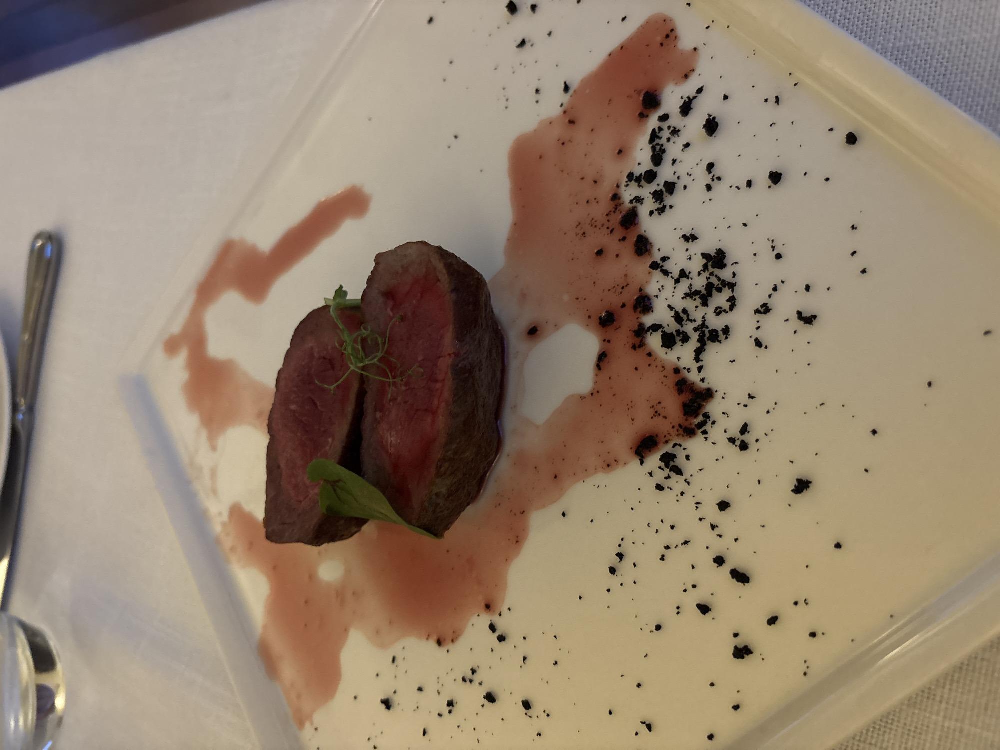 A sliced piece of medium-rare steak is presented on a white plate. The steak is garnished with a small green leaf and a thin sprig of microgreens. The plate is decorated with a smear of red sauce and scattered dark crumbs. The setting appears to be a restaurant, with a table covered in a white tablecloth, a glass of water, and a fork visible in the background. This scene is in the city of Varna, Bulgaria.