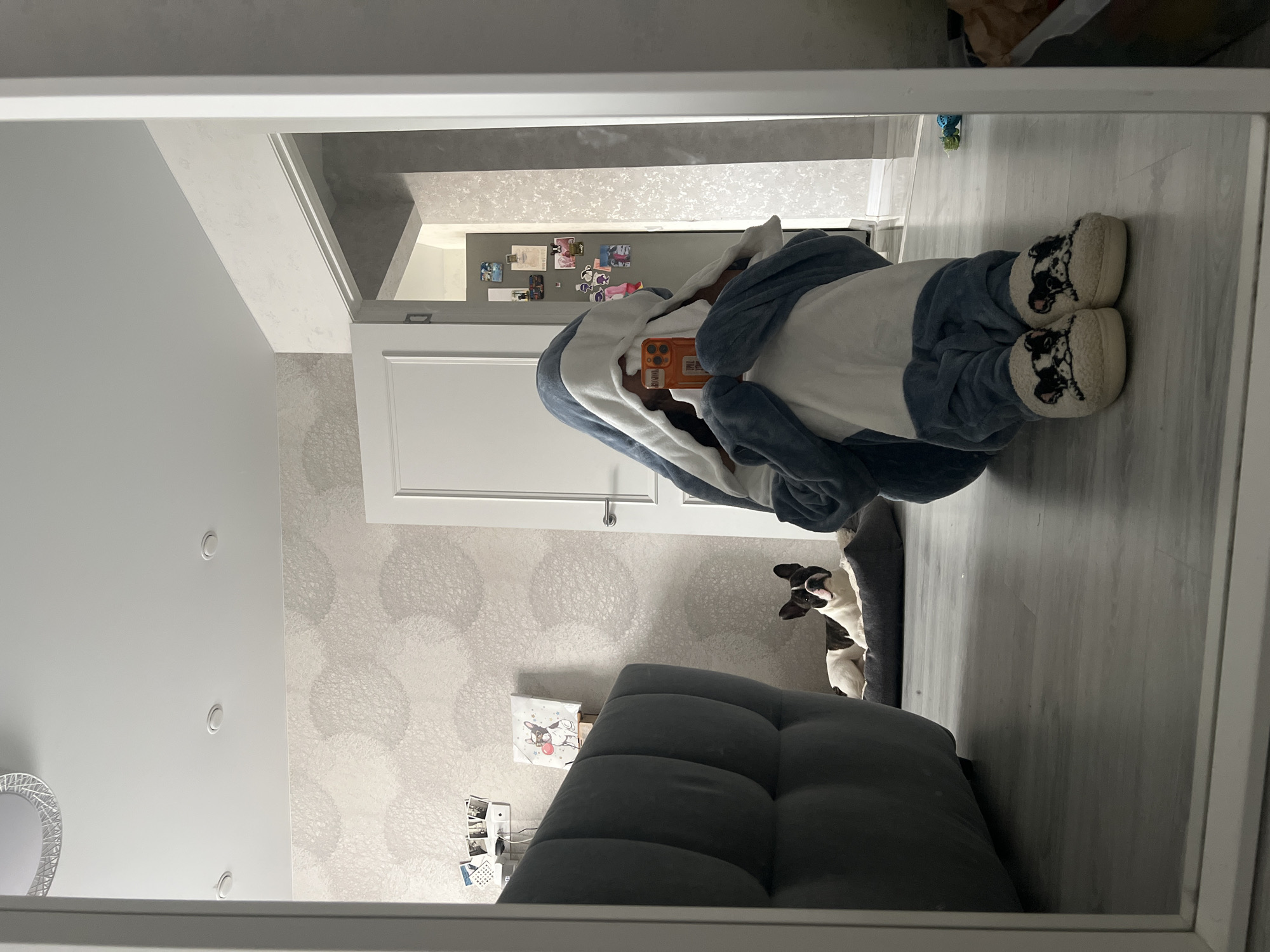 This image is a mirror reflection of an indoor scene in Yoshkar-Ola, Russia. A person is visible, dressed in a blue and white shark-themed kigurumi, a full-body loungewear suit. They are wearing fuzzy white slippers adorned with a black and white dog face design on each. The person holds a smartphone with a bright orange case, which partially obscures their face, suggesting they might be taking a mirror selfie or interacting with the device. Faint text, possibly "YELLO", is visible on the phone case.
To the right of the person, a black and white French Bulldog is partially visible, sitting in a dark grey dog bed on the light wood-look floor, looking towards the camera.
The background reveals a home interior with varied wall textures: one section features light grey wallpaper with a subtle circular, woven pattern, while another, further back, is a solid light grey. A white door is visible, and above it, part of a white ceiling with recessed light fixtures can be seen. On a wall behind the person, various photos and memorabilia are attached, suggesting a personal touch. A dark grey tufted sofa is in the foreground, and a small white shelf with a dog-themed picture frame is placed on the patterned wall. The overall scene depicts a casual moment in a modern domestic setting.