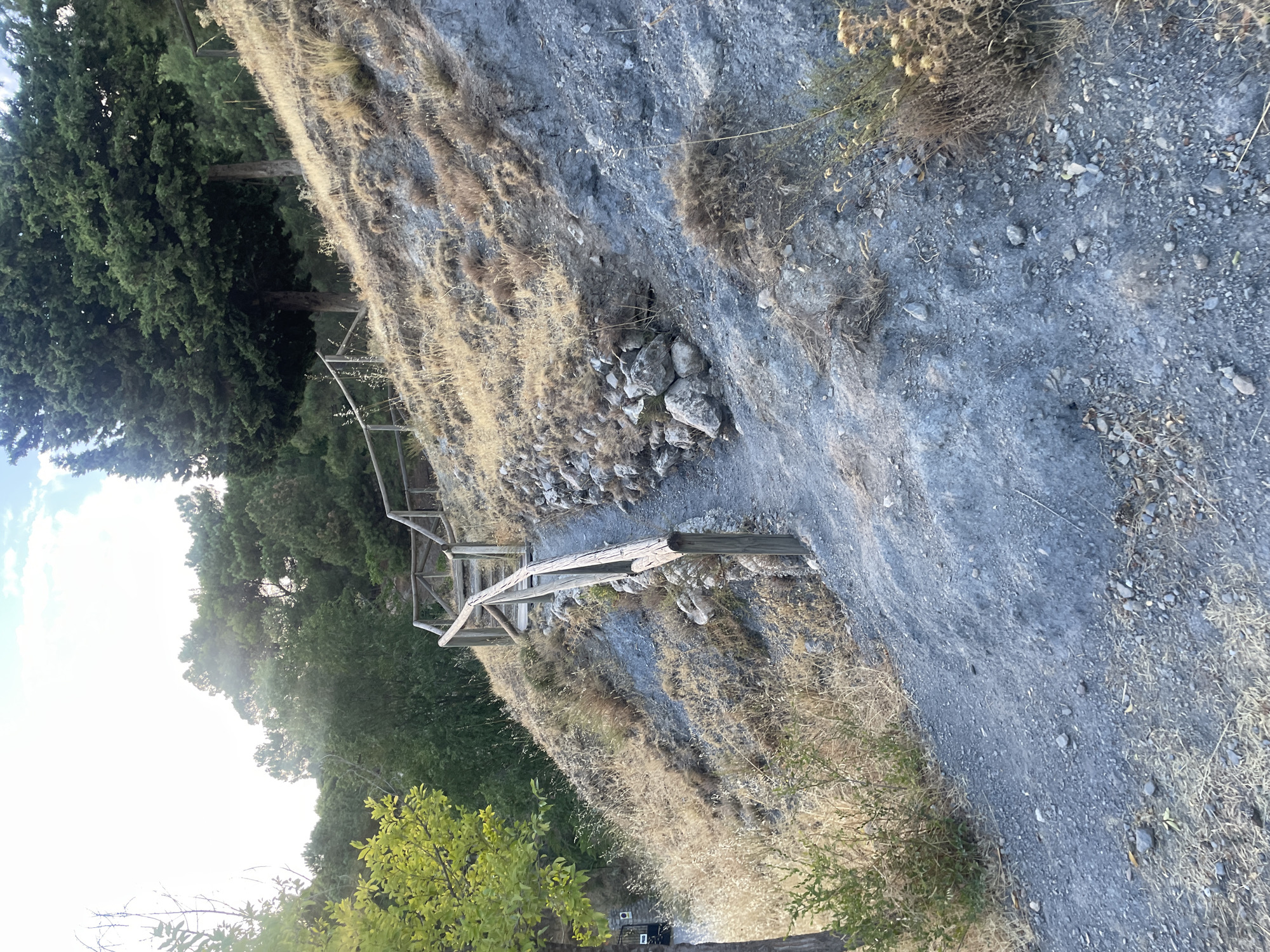 The image shows a steep, rocky hillside with sparse, dry vegetation. A wooden railing follows a winding dirt path that ascends the slope. The path is made of gravel and dirt, with some larger rocks scattered on its surface. The railing consists of rough-hewn wooden posts and railings, suggesting a rustic or natural setting. Behind the railing, the hillside is covered in dry grasses and a few larger stones. In the background, a dense cluster of trees, including cypress trees, forms a dark green canopy. The sky above is bright and partly cloudy. On the left side of the path, near the bottom of the image, a small, dark object is attached to a post, possibly a sign or a light fixture. The overall impression is of a natural landscape with a simple man-made path and railing, likely located in a rural or semi-rural area. Given the context of the city of Víznar, Spain, this scene might depict a hiking trail or a path leading to a viewpoint within the natural surroundings of the town.