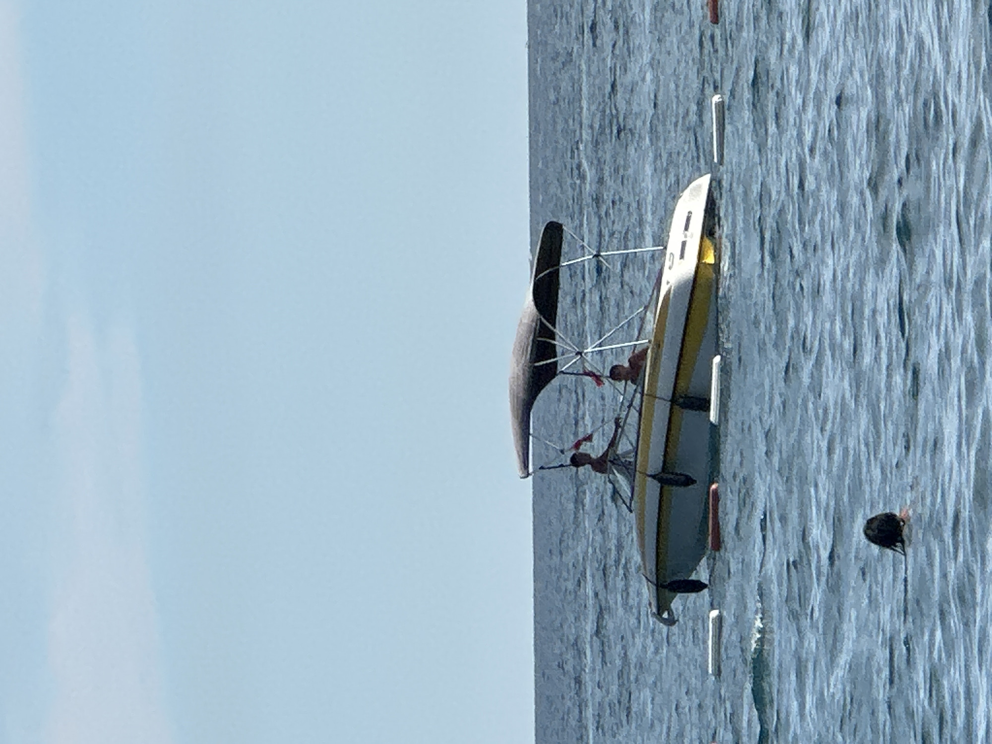 In the city of Boreti, Montenegro, two individuals are observed on a white and yellow motorboat with a gray canopy, positioned on the blue sea. The boat appears to be partially submerged, with its stern low in the water. Several buoys are visible in the water around the boat. In the foreground, another individual is swimming, with only their head and shoulders above the water. The sky is clear and pale blue, with a faint cloud visible.
