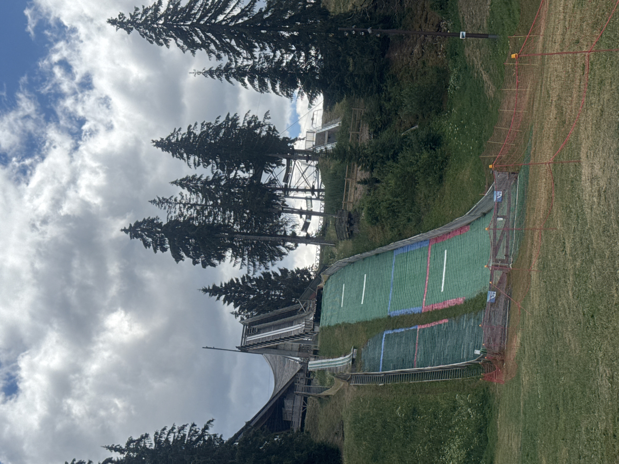 An outdoor ski jumping hill is visible, with a wooden structure at the top and a long, green landing slope that appears to be covered in artificial turf. The slope has red and blue markings, as well as white lines indicating distances. The hill is surrounded by trees, primarily tall evergreen pines, and the sky above is partly cloudy. There is some fencing in the foreground of the image. The ski jumping hill is located in the commune of Les Rousses, France.