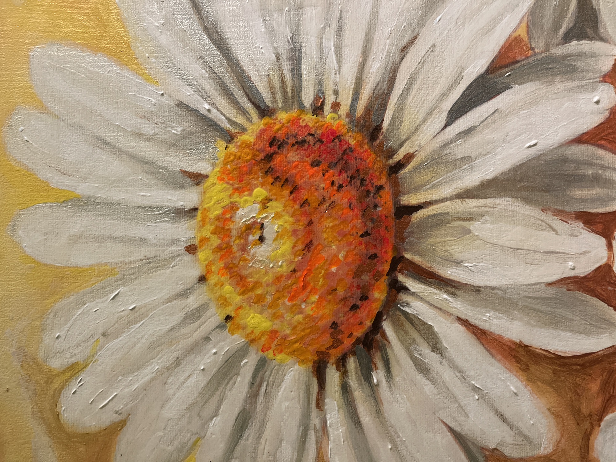 This is a close-up, detailed, impasto painting of a daisy. The flower is depicted in an impressionistic style, with thick brushstrokes that create a textured, almost three-dimensional surface. The center of the daisy is a vibrant mix of yellows, oranges, and dark speckles, suggesting the pollen-covered stigma and stamens. The petals are broad and white, with subtle shades of grey and hints of brown at their tips, lending depth and form. Some petals have small, raised white dots, resembling dew drops. The background is a soft, textured yellow, creating a warm and sunny contrast. The overall impression is one of natural beauty and delicate artistry. The painting does not contain any visible text. The location context of Minsk, Belarus is not visually evident from the artwork itself.