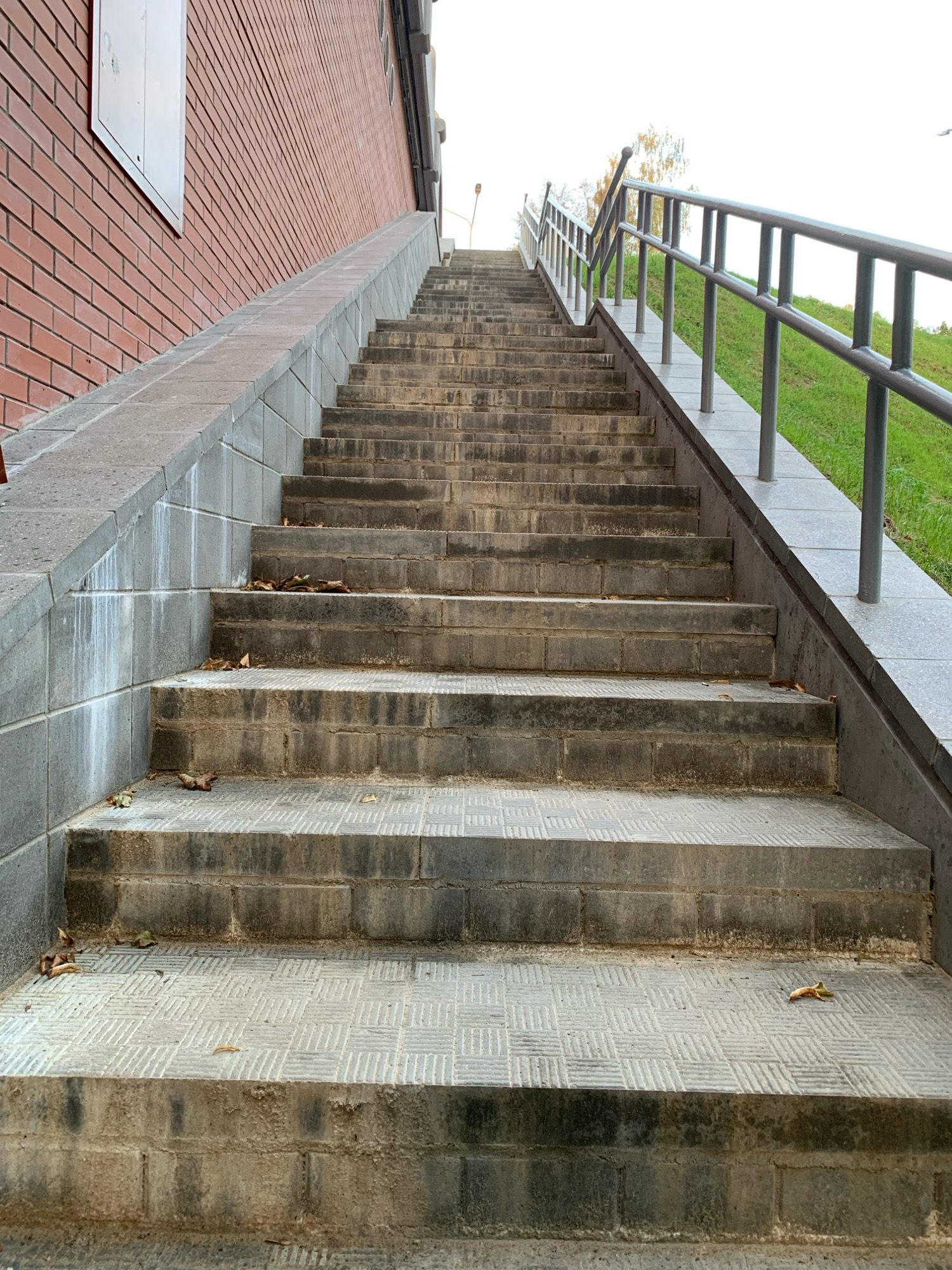 The image shows an outdoor stone staircase in Hrodna, Belarus. The staircase is made of grey concrete slabs and is flanked by a brick wall on the left and a grassy slope with a metal railing on the right. Some fallen leaves are scattered on the steps, suggesting it is autumn. The sky is overcast. There are no people in the image. The overall scene depicts a public outdoor space, likely a park or a pathway leading to an elevated area.