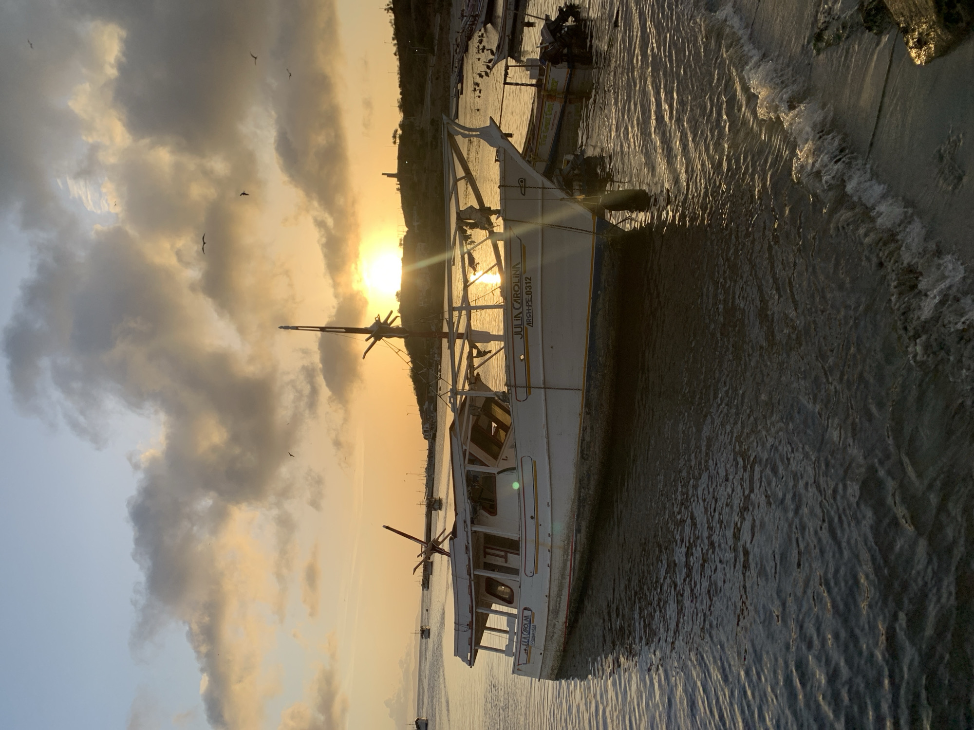 A photograph taken at sunset in Juan Griego, Venezuela, shows a white boat named "JULIA CAROLINA" docked in the shallow water. The boat has a red stripe near the waterline and the registration "ARSH.PE-0312" on its side. The sky is a mix of blue and orange, with scattered clouds, and the sun is setting behind a hilly landscape in the distance. Several other boats are visible in the background, as well as a few birds flying in the sky. The water is calm with gentle waves lapping at the shore.