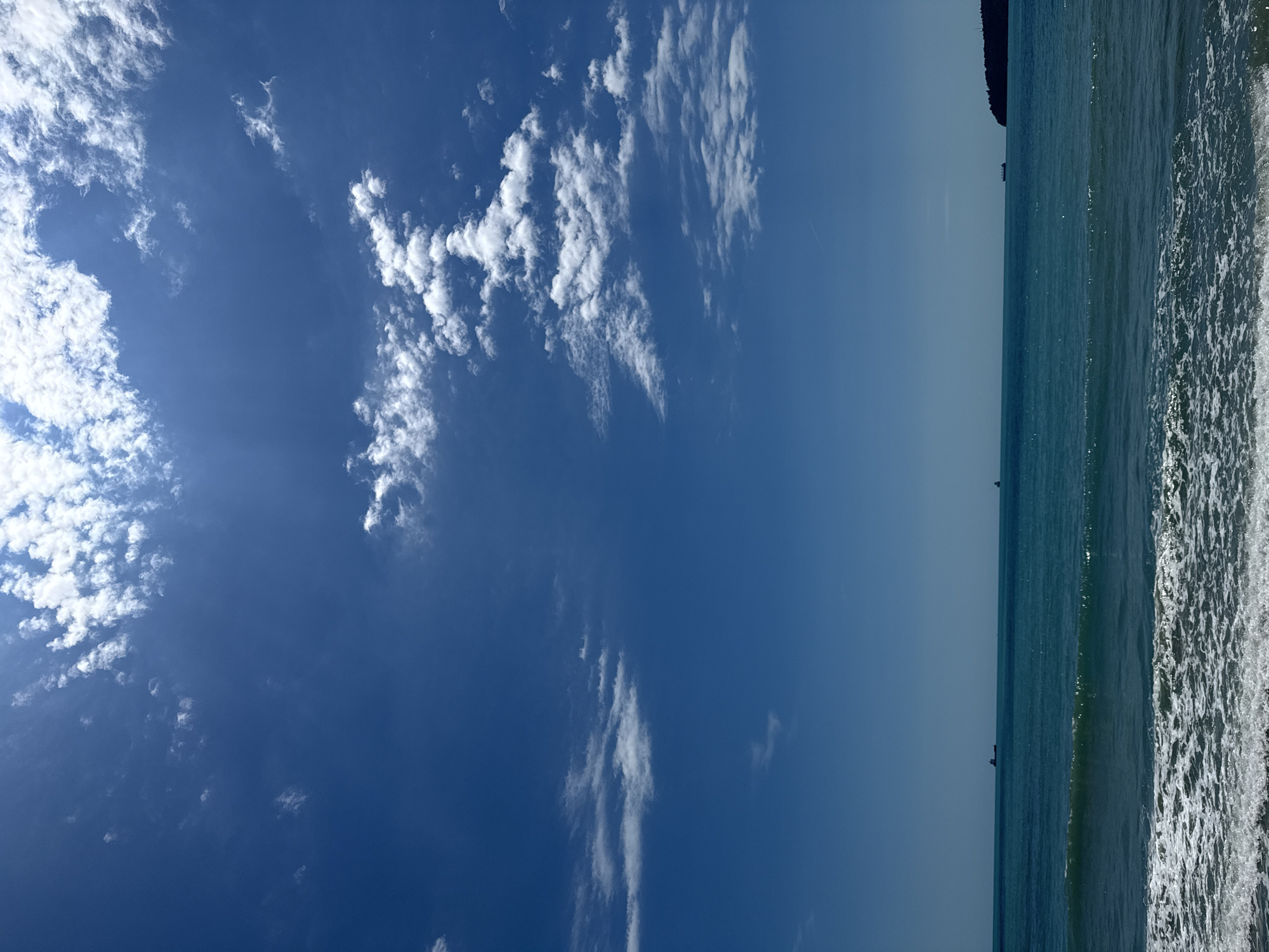 The image depicts a serene coastal scene under a bright, clear sky, characteristic of Varna, Bulgaria, overlooking the Black Sea. The photograph is oriented vertically but should be viewed horizontally, with the vast blue sky occupying the upper portion and the ocean below, separated by a distinct horizon line.
The sky is a brilliant deep blue, indicating sunny weather. It features scattered white clouds of varying densities; some are wispy and elongated, possibly cirrus or cirrocumulus, while others are more compact and cumulus-like, particularly on the left side. A faint airplane contrail is visible in the upper right quadrant of the sky.
Below the horizon, the ocean exhibits shades of turquoise and deep blue. To the right, waves are breaking, creating white foam that adds texture to the water surface. The water appears clear and inviting. On the horizon line, a dark, indistinct landmass or coastline is visible on the far left. Several small, dark silhouettes, likely distant ships or boats, dot the horizon, suggesting an active maritime area.
The overall impression is one of a bright, peaceful day at sea, likely during midday or early afternoon due to the high sun and clear visibility. There are no people visible, nor any discernible text. The scene evokes a sense of tranquility and the expansive beauty of the sea and sky.
