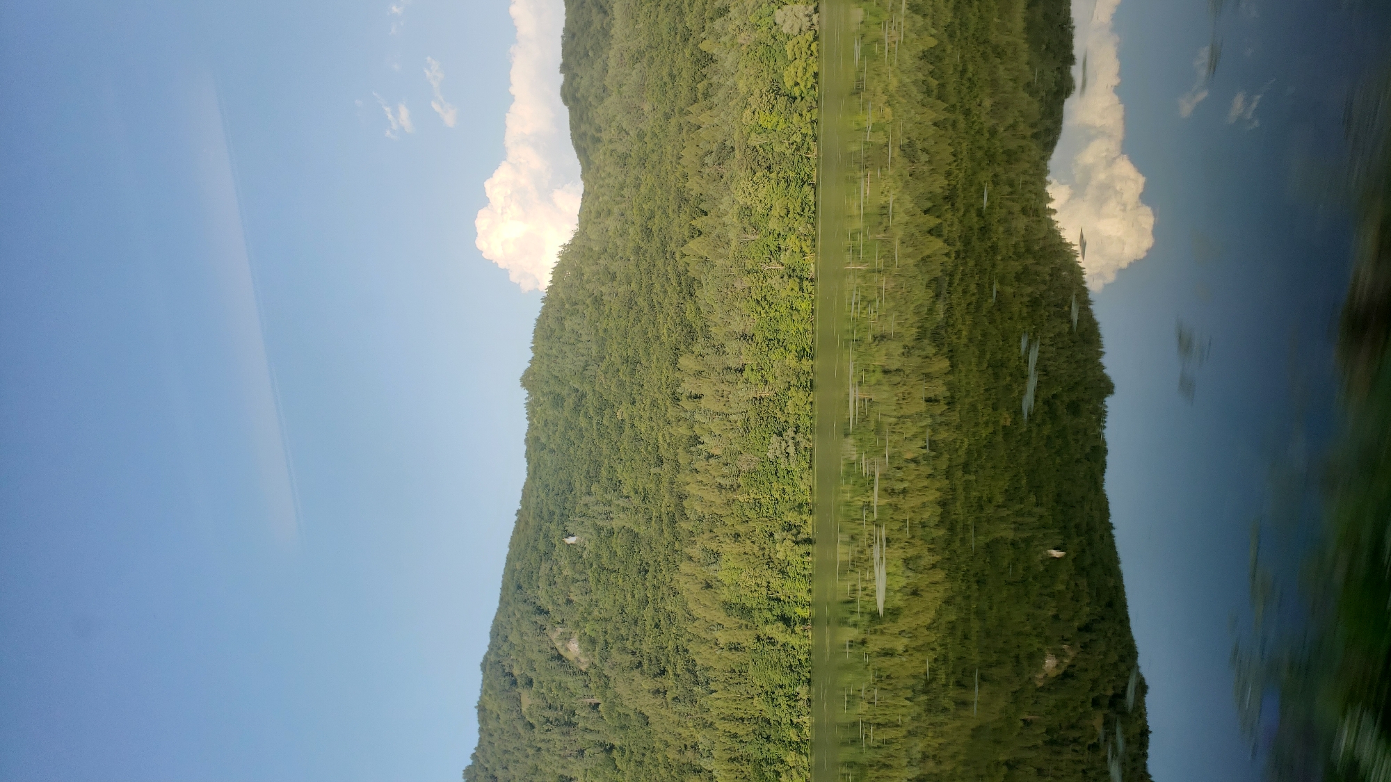 The image depicts a serene natural landscape with a clear blue sky and a dense, green forest covering a hillside. The forest extends down to the edge of a calm body of water, which perfectly reflects the trees and the sky above, creating a mirror image. A few white clouds are visible in the sky, one large fluffy cloud being particularly prominent. The water's surface is mostly smooth, with a few scattered patches of lighter green vegetation floating on it. The overall impression is one of tranquility and natural beauty. This location is identified as being in Ratkovo, Slovakia.