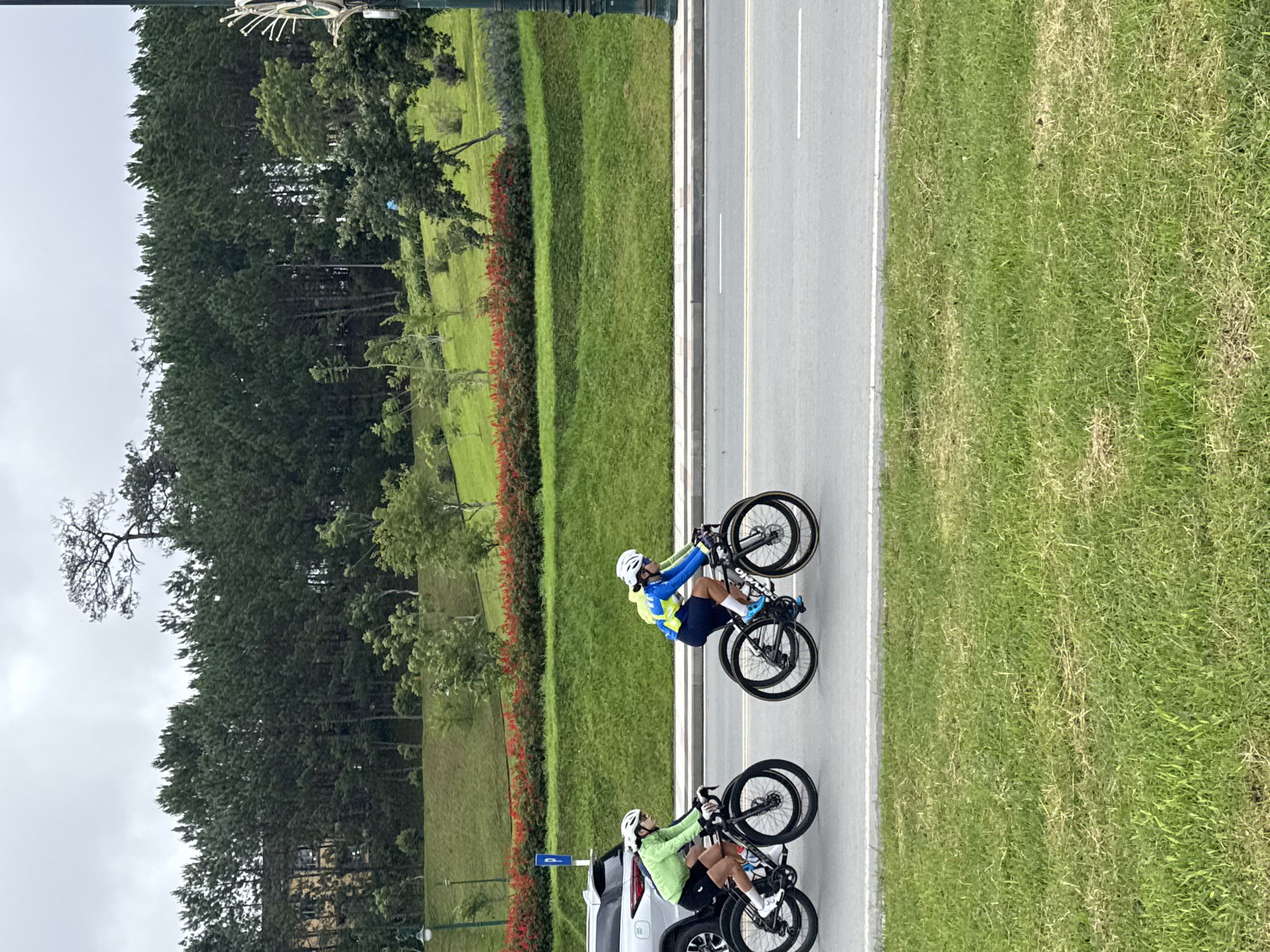 The image displays two cyclists and their road bikes on the side of a paved road, adjacent to a wide grassy median and a dense forest, under an overcast sky. The setting appears to be a scenic route in an outdoor park-like environment, consistent with Da Lat, Vietnam.
In the foreground, a cyclist wearing a lime green long-sleeved jacket, black shorts, and a white helmet is positioned next to a white car. They are standing with their black road bike, whose wheels rest on the asphalt.
Further down the road, a second cyclist is visible, dressed in a bright blue and yellow long-sleeved jacket, black shorts, and a white helmet. This cyclist is also stationary with their black road bike. The brand name "CERVELO" is clearly discernible in white letters on the bike's frame. Both cyclists appear to be either resting or preparing for a ride.
To the left of the road, a broad, well-maintained grassy verge stretches out, featuring distinct horizontal strips of varying green shades. Beyond this grass, a line of vibrant red flowering bushes adds a splash of color. A dense backdrop of tall, dark green coniferous trees rises under a bright, cloudy sky, suggesting a cool, temperate climate. The road itself is gray asphalt with clear white markings, including a solid white line separating the shoulder from the main lane. The lighting indicates it is daytime, despite the heavy cloud cover.