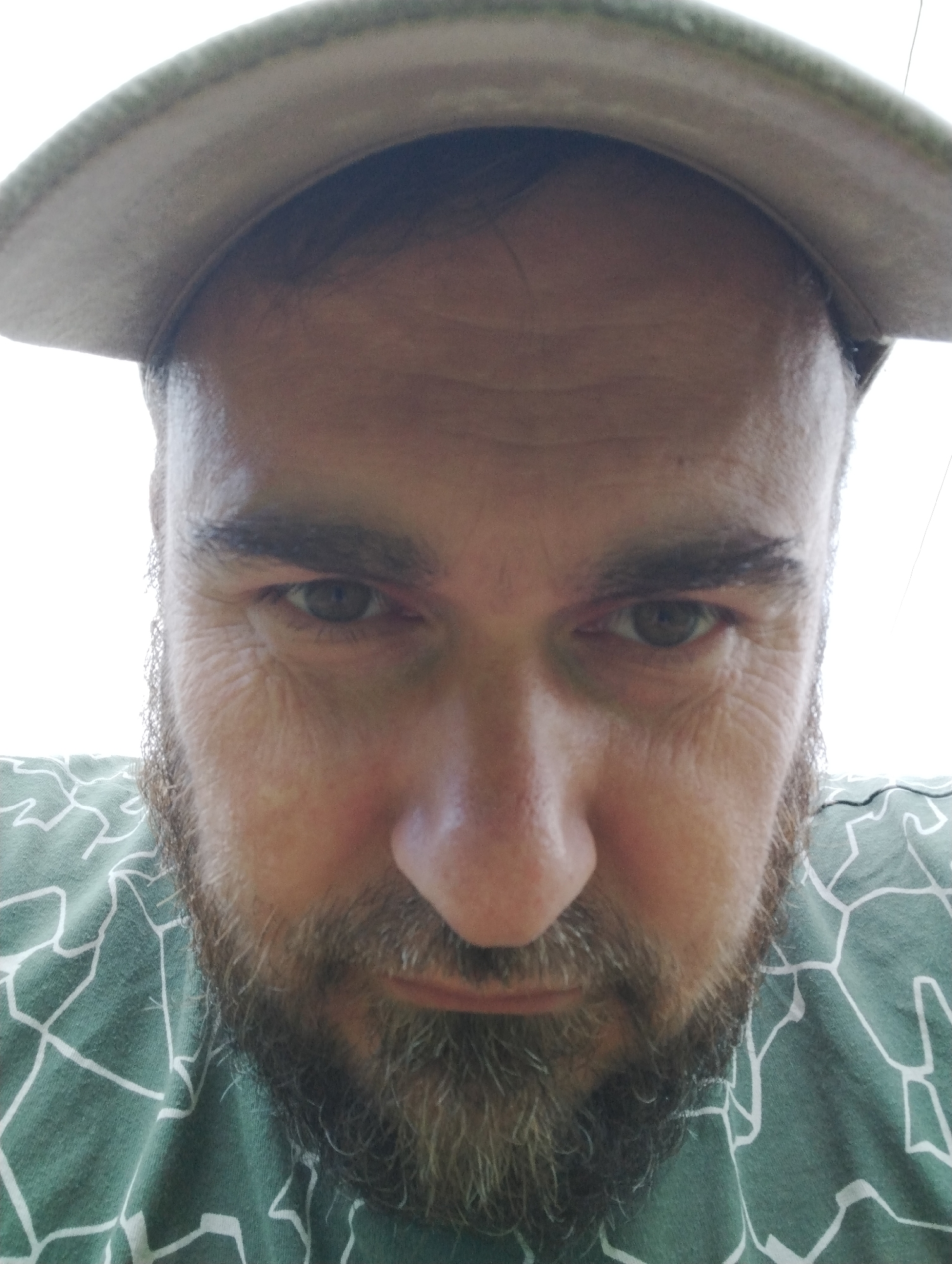 The image is a close-up, low-angle selfie of a man wearing a light-colored baseball cap and a green t-shirt with a white geometric pattern. The man has a beard and appears to be looking down at the camera. His expression is neutral, with his eyebrows slightly furrowed. The background is bright and appears to be outdoors, possibly on a sunny day, given the high contrast and washed-out white areas. The lighting suggests it might be daytime. There is no visible text in the image. The location context provided is "Ширяево (ильинский), Russia," which may indicate where the photo was taken.