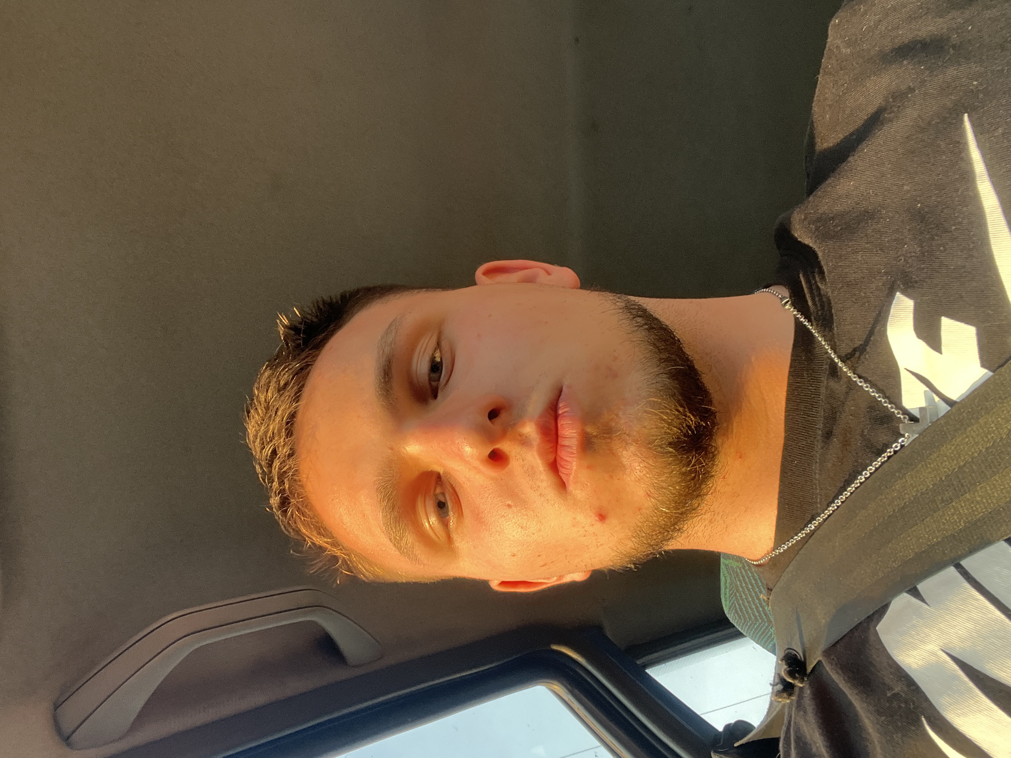 A low-angle, close-up selfie of a young Caucasian male with light brown hair and a beard, taken inside a vehicle. The man is wearing a black t-shirt with a white logo and a silver chain necklace. A black seatbelt is visible across his chest. The lighting suggests it is either sunrise or sunset, with warm light illuminating his face and casting shadows. The background is dark, with a car interior visible, including a grab handle and part of a window. The location is identified as the village of Voyvodino, Bulgaria.