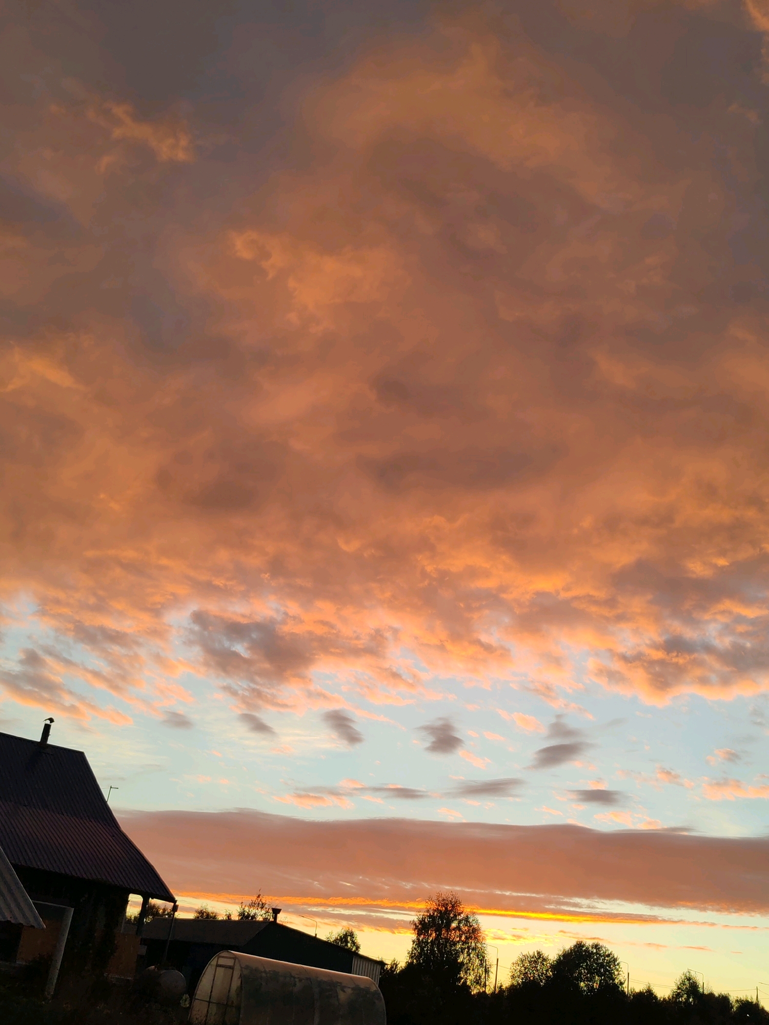 The image depicts a rural landscape in the city of Chukhlem, Russia, during a sunset. The sky is filled with dramatic clouds painted in hues of orange, pink, and gray, with hints of blue peeking through. In the foreground, silhouetted against the vibrant sky, are several structures including a dark-roofed house with a prominent chimney, a greenhouse, and other indistinct buildings. A line of dark trees forms a silhouette along the horizon. The overall scene captures the natural beauty of a sunset in a rural Russian setting.