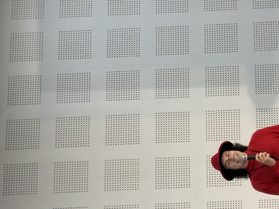 A man in a red suit and hat smiles while holding a microphone. He has dark, curly hair and is positioned in the lower right corner of the image. The background is a uniform white wall with a pattern of grey dotted squares. The grid pattern is consistent throughout the frame, offering a stark contrast to the man's bright attire. The overall composition is slightly off-center.