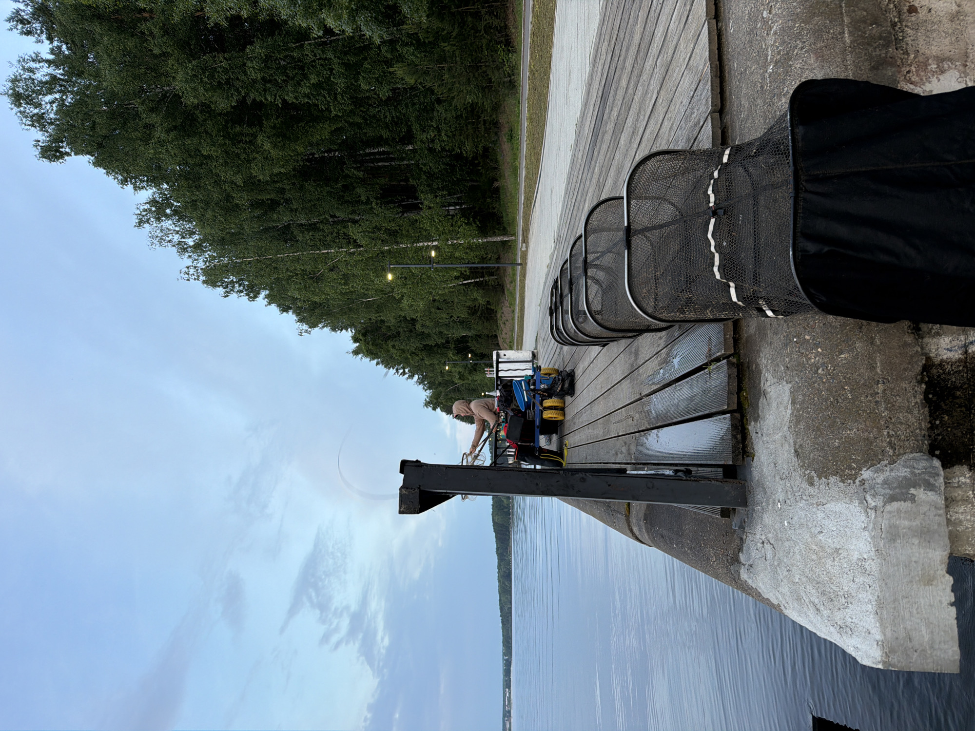 The image captures a serene waterfront scene, likely a lake or wide river, in Chaikovsky, Russia, during what appears to be either early morning or late evening under an overcast or partly cloudy sky.
In the foreground, a wooden pier or boardwalk extends along the water's edge, supported by a concrete structure. On this pier, a single person, dressed in a light-colored hoodie and pants, is actively engaged near a black metal structure that extends towards the water. Beside them, a cart or trolley with yellow wheels holds blue containers or buckets, suggesting preparation for or involvement in a waterside activity such as fishing or gathering.
Several long, dark-colored mesh baskets, possibly traps or storage for fish, are lined up along the wooden pier. One of these baskets is partially covered by a black fabric. To the left of the pier, a dense forest of green trees lines the land, with streetlights visible along a paved path running parallel to the pier. The body of water, with a calm surface reflecting the muted light, stretches into the distance, bordered by more trees on the far bank. No discernible text is visible in the image.