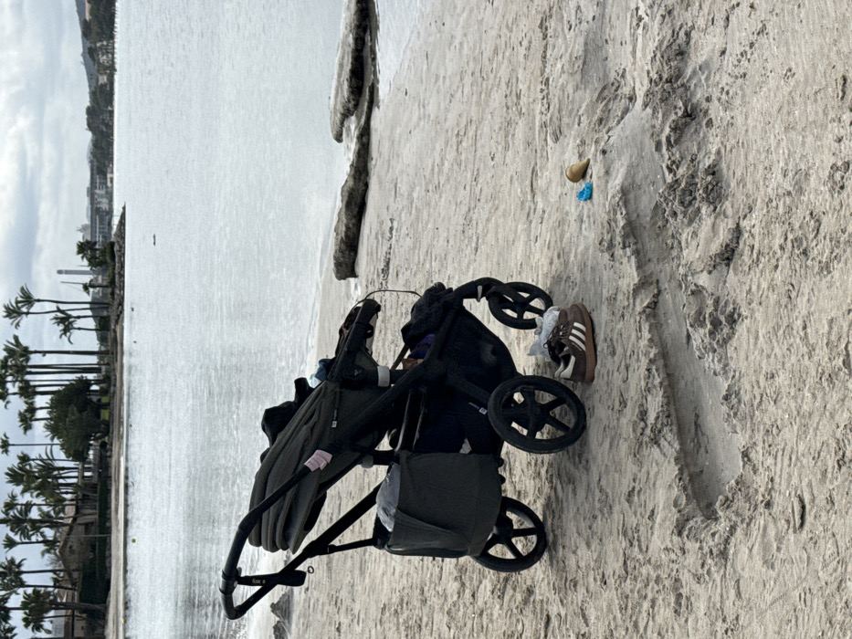 A dark-colored tandem stroller is positioned on a sandy beach in Port D'alcúdia, Spain. The stroller, equipped with four wheels, features a partially open canopy and multiple storage baskets. A pink object is affixed to the stroller's handle, and a grey bag is visible within a side storage compartment. A pair of brown Adidas Gazelle sneakers, displaying white stripes and gum soles, rests on the sand adjacent to the stroller's right front wheel; one shoe contains a crumpled white material. Further to the right, on the sand, are two small plastic children's toys: a light brown cone and a blue scoop-like item. The sand exhibits various indentations and disturbed patterns. At the immediate water's edge, several flat, light-colored rock formations are partially submerged. The body of water is calm, reflecting an overcast sky. The distant shoreline across the water features numerous tall palm trees, several buildings consistent with residential or hotel complexes, and further right, industrial structures including tall towers. No individuals are visible within the scene.