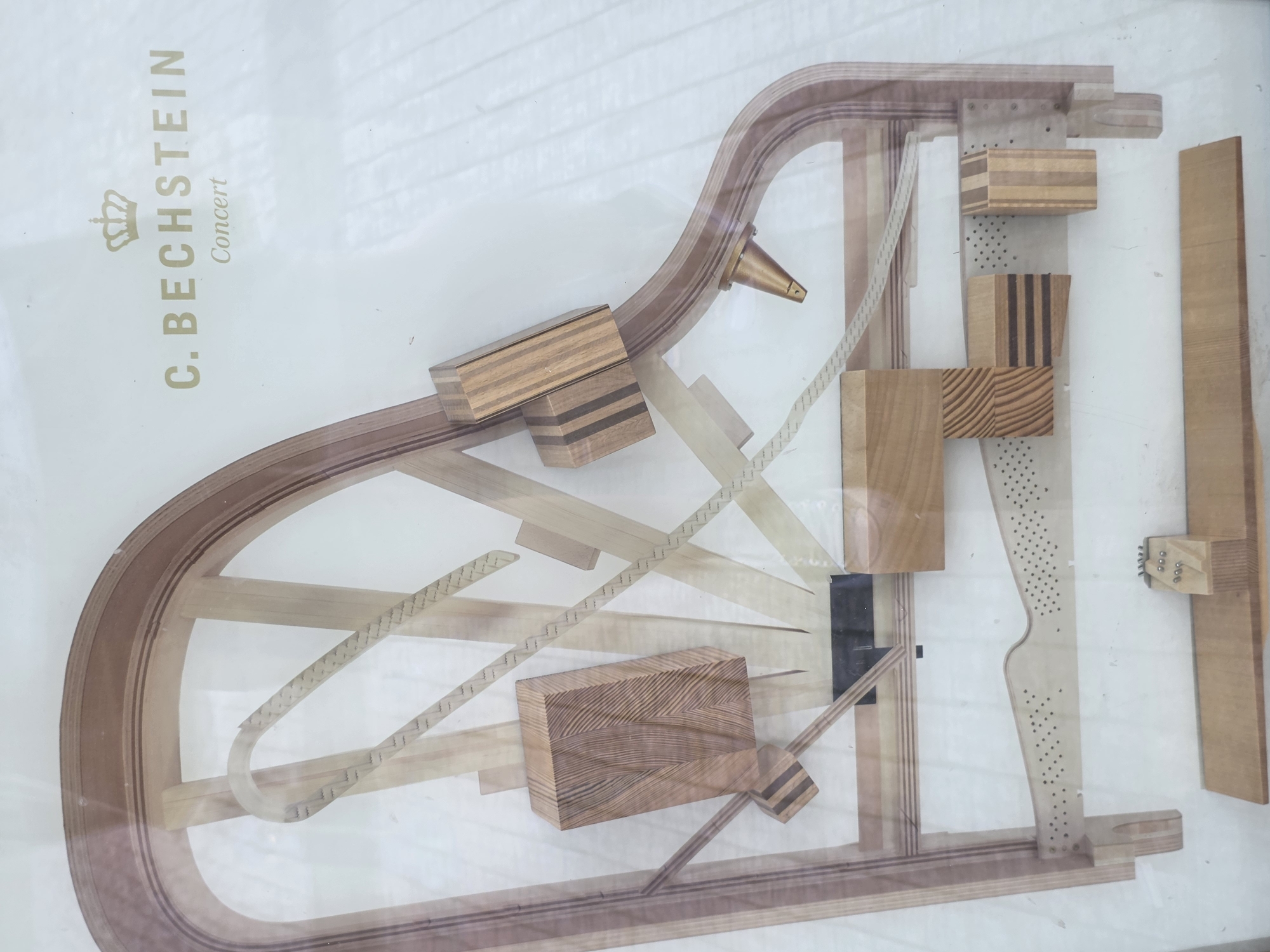 The image depicts a cross-sectional model of a C. Bechstein concert grand piano, enclosed in a clear display case. The model is constructed primarily of wood and features various components of the piano's internal structure, including the soundboard, frame, bridge, and action mechanism. The display case has "C. BECHSTEIN Concert" printed on its surface, including a crown logo. The location is Unknown, Unknown.