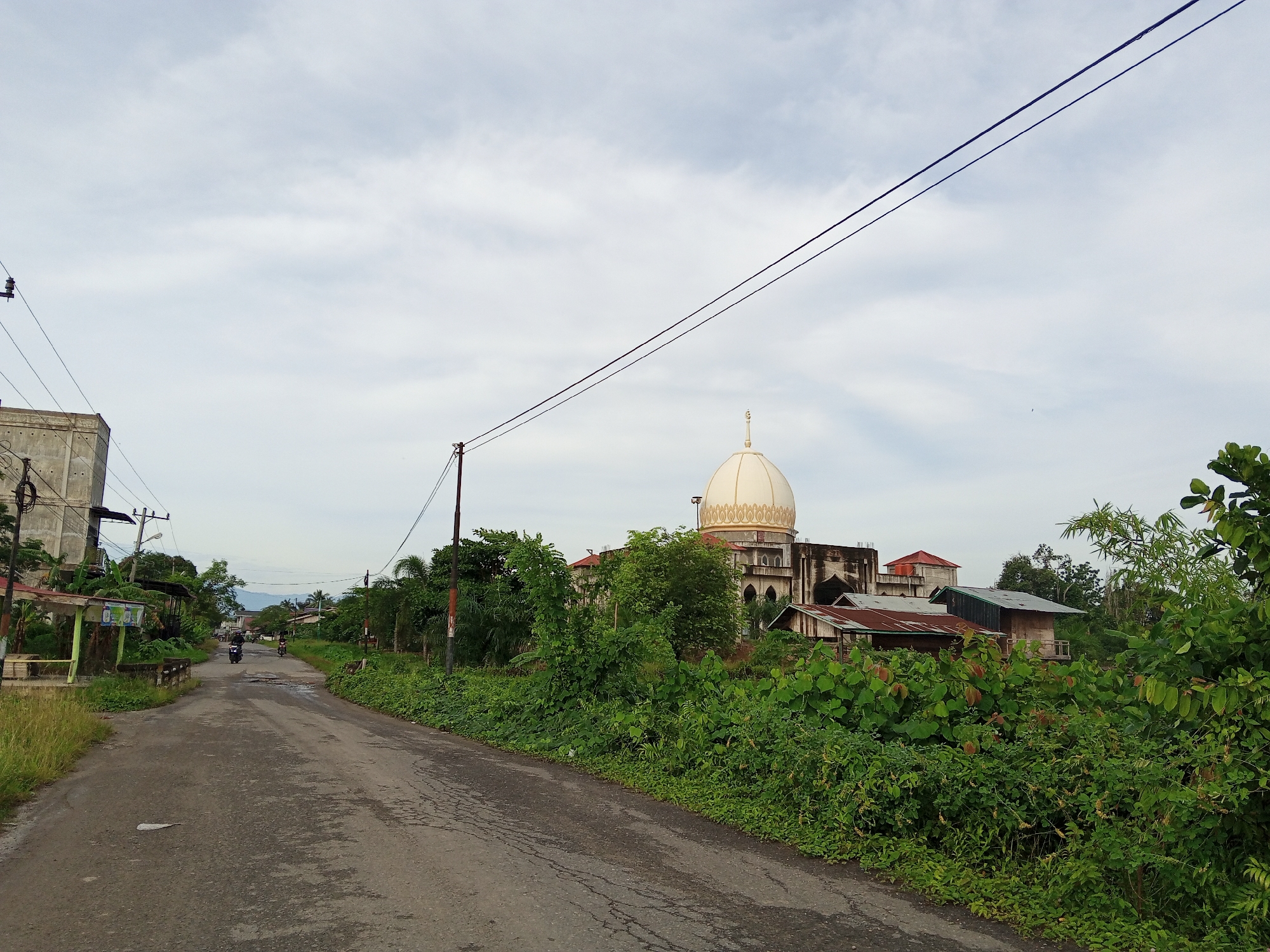 This image depicts a semi-urban scene in Kilometer Delapan, Indonesia, under an overcast sky. A cracked and uneven asphalt road extends into the foreground and recedes towards a distant horizon. On the left side of the road, a concrete building structure with exposed rebar is partially visible, alongside a wooden utility pole supporting electrical wires. Further down the road, an open-sided shelter with a light-colored corrugated roof and a bench is positioned. Two individuals on motorcycles are observed driving away in the distance on the road. The immediate sides of the road are densely covered with various green vegetation, including tall grasses and shrubs. On the right side of the road, a dark utility pole supports more electrical wires that traverse the upper portion of the frame. Beyond the dense foreground vegetation on the right, a large building with a prominent cream-colored dome, featuring intricate golden patterns, is visible. This structure appears to be a mosque, characterized by its architectural style. Adjacent to the mosque, several smaller, weathered structures with reddish-brown corrugated metal roofs are partially obscured by foliage. In the far background, faint outlines of hills or mountains are visible beneath the cloudy sky, completing the scene.