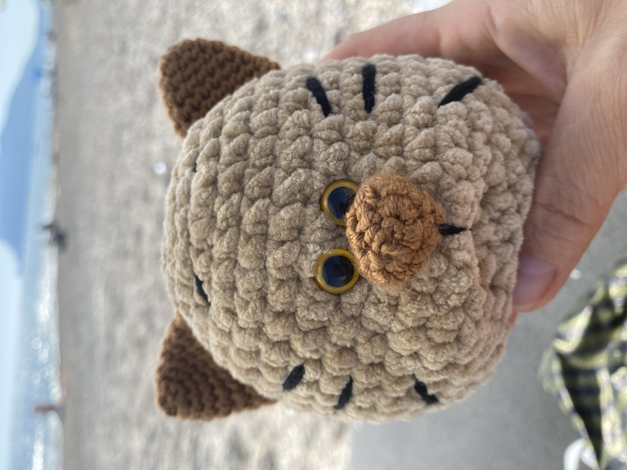 A person is holding a handmade crocheted plush toy that resembles a cat or owl in their hand. The toy is beige with brown accents including small round ears and a small, round nose. It has black stitched marks to represent stripes or fur markings and two small, shiny black and yellow eyes.
The background suggests a coastal area. In the blurred distance on the left, one can see a beach with people. In the very far distance there is a hillside, that might be close to the city of Alanya, Turkey.