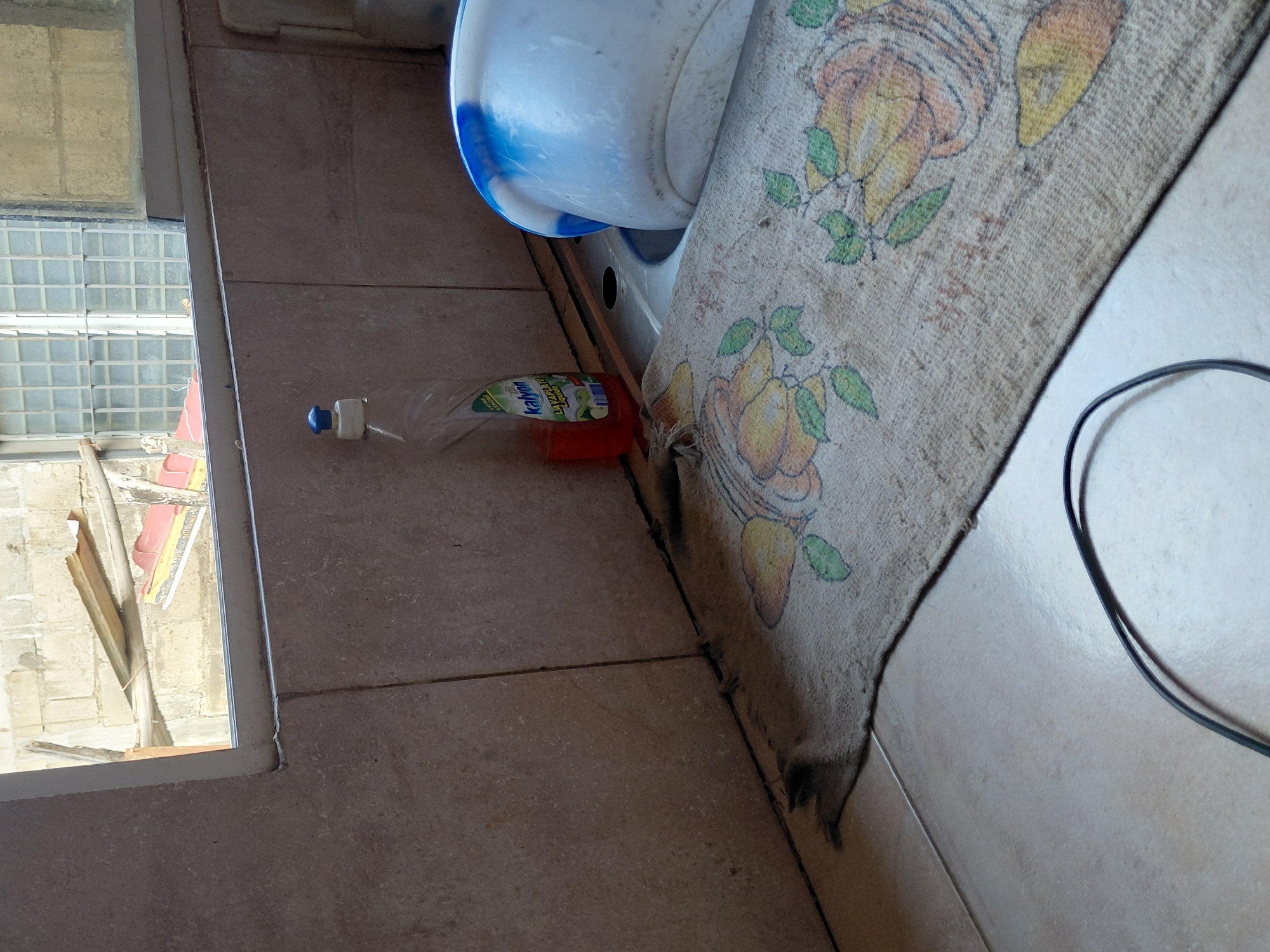 In a dimly lit kitchen area, a bottle of dish soap, labeled "Kalyon," sits on a tiled countertop. Adjacent to it, a blue and white plastic basin rests in a sink. A patterned rug, featuring floral motifs, lies on the floor in front of the sink, partially obscuring a black cable. The background shows a window with metal bars and a glimpse of an outdoor scene with construction materials. The scene appears to be in Santa Ana, Venezuela.