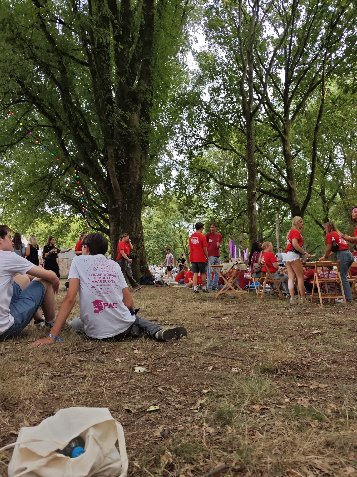 The image depicts an outdoor gathering, likely a festival or event, set in a park or wooded area. The foreground shows dry grass and scattered leaves, with a white canvas bag containing a blue-capped water bottle in the lower left. In the middle ground, several individuals are seated on the ground and on folding chairs. Two young men in the immediate foreground are seated on the grass, one wearing a white t-shirt with text and graphics on the back. Behind them, a group of people are standing and sitting around tables and chairs. Many individuals are wearing red t-shirts, suggesting they are part of an organized group or event staff. Colorful string lights are visible in the upper left quadrant, draped from the branches of large trees. The background reveals more trees and the presence of a larger crowd in the distance. Based on the text visible on the t-shirt, which includes "Fontys" and "#FontysEducatie", this event is likely related to Fontys University of Applied Sciences and could be taking place at the Tilburg University campus or a related location within the city of Tilburg, Netherlands.