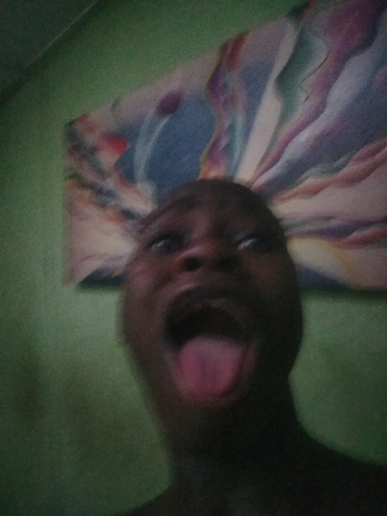 A close-up, low-angle portrait captures a person with dark skin making a playful and expressive face. The individual's mouth is wide open, and their tongue is extended outwards, creating a humorous or silly expression. Their eyes are visible, looking upwards. The face fills a significant portion of the lower and central frame.
Behind the person, the background consists of a plain green wall. Mounted on this wall, above and behind the person's head, is an abstract piece of art or textile. This artwork features flowing, broad strokes or patterns in a vibrant array of colors, including various shades of blue, purple, pink, white, green, and hints of orange or yellow, suggesting a dynamic and colorful design.
The lighting is somewhat dim, resulting in a slightly grainy texture throughout the image. No specific time of day is discernible, but the setting is clearly indoors. There is no visible text. The image conveys a sense of casual, lighthearted self-expression within an indoor environment, located in Shangisha, Nigeria.
