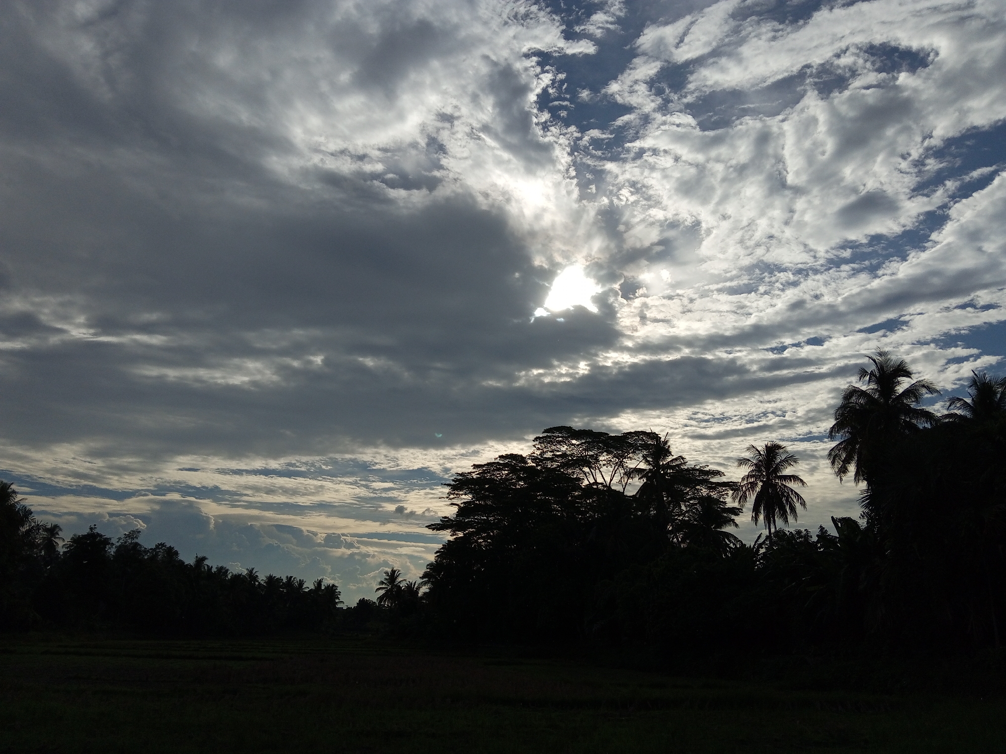 The image depicts a dark, silhouetted landscape with a dramatic, cloudy sky. In the foreground, the ground appears to be a field, mostly obscured by shadow. A dense line of trees and foliage forms a dark band across the middle ground, with palm trees and other tropical vegetation clearly visible as silhouettes against the sky. The sky itself is a prominent feature, filled with a mixture of dark, heavy clouds and brighter, more wispy clouds that allow shafts of sunlight to break through. The sun is partially obscured by clouds in the upper center of the image, creating a bright, diffused light. The overall mood is somber and possibly indicative of an approaching storm or the end of a day. The scene is described as being located in Buketteukuh, Indonesia.