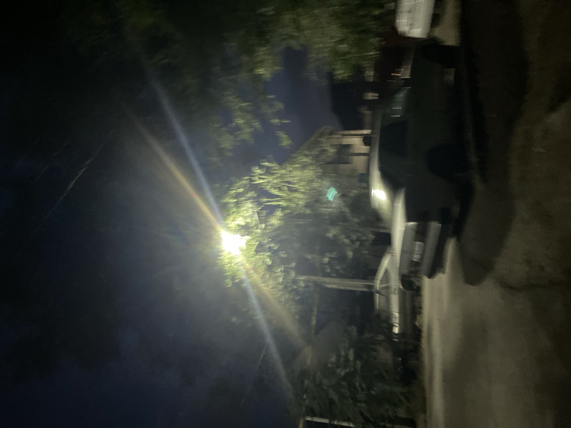 An outdoor nighttime street scene in Novopavlovka, Kyrgyzstan. A bright streetlamp illuminates the area, casting strong light rays that streak across the image. Trees with dense foliage are visible, their leaves blurred by motion. In the foreground, a dark-colored sedan is parked, its shape somewhat indistinct due to the lighting and focus. To the left and further back, another older model car, possibly a sedan, is also parked. Buildings, appearing to be residential, are dimly visible behind the trees. The ground surface appears to be asphalt or a similar paved material, with some areas reflecting light. The overall atmosphere is dark and slightly hazy.