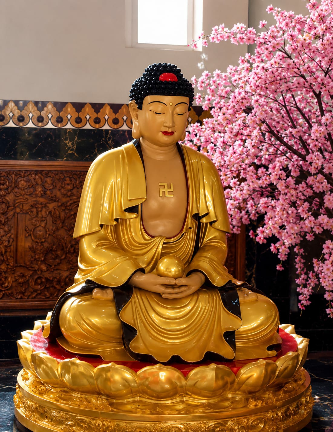 A golden Buddha statue is seated in a meditative pose on a lotus pedestal. The Buddha has black hair with a red accent on top, closed eyes, and a calm expression. A Swastika symbol is visible on its chest. To the right of the Buddha, a tree with pink blossoms is depicted. The background features a wall with ornate carvings and a window. The statue is placed indoors, likely in a temple or religious establishment. The specific location in Dolat Rayat, Indonesia is not discernible from the image itself.