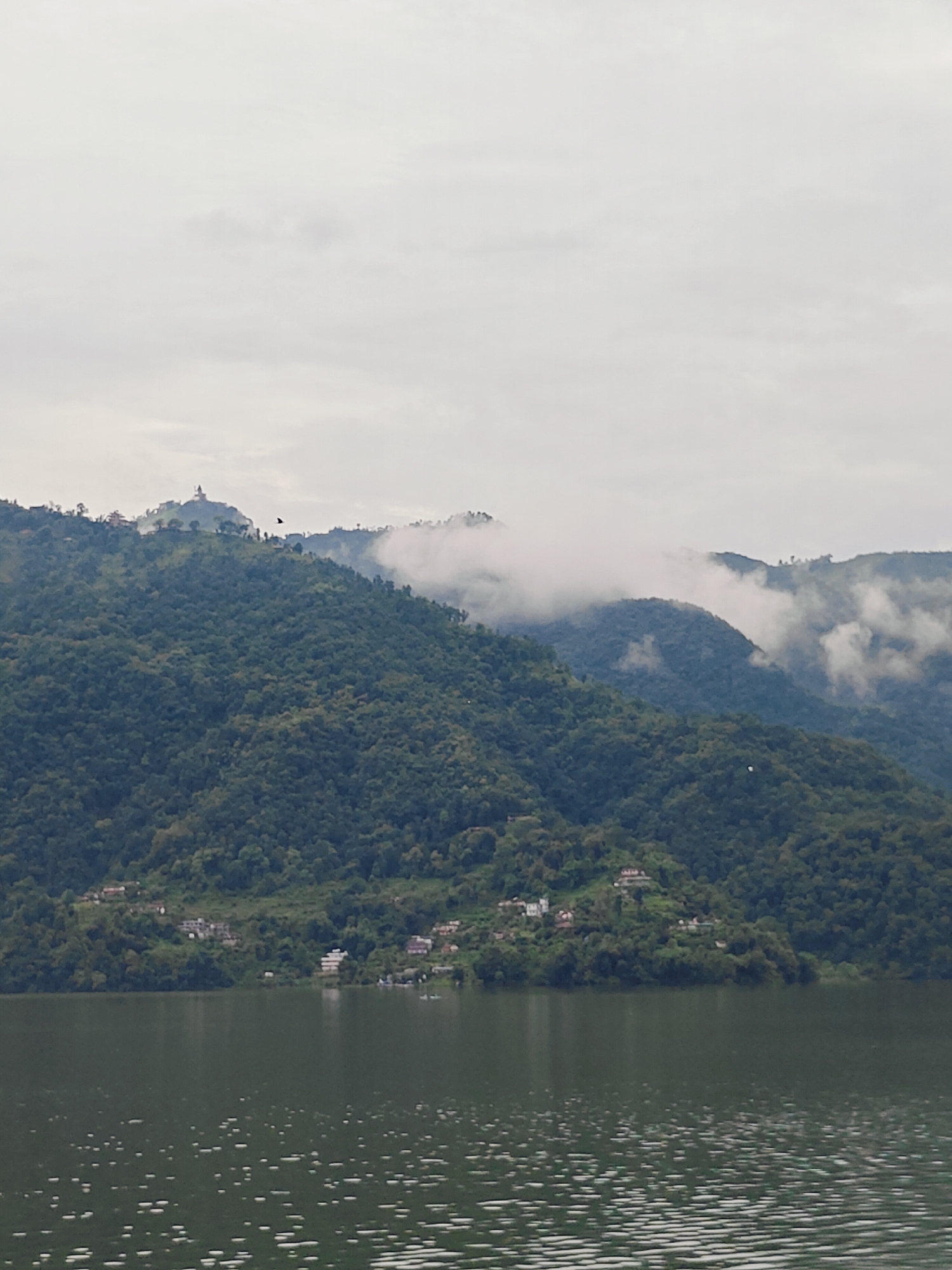 This image depicts a serene, panoramic view of a lake in Pokhara, Nepal, with lush green hills rising in the background. The sky is overcast, with clouds casting a soft, diffused light over the landscape. The water of the lake is a deep, reflective green, with gentle ripples creating a shimmering effect on its surface. Scattered white highlights suggest sunlight catching the peaks of the waves.
The hills are densely covered with vegetation, creating a textured, verdant expanse. Several small settlements are visible nestled on the slopes of the hills, their buildings appearing as clusters of white and pastel-colored structures. Some of these settlements seem to be situated near the lake's edge.
Prominently positioned on the highest peak of the central hill is a white stupa or temple-like structure, with a distinctive spire. A small, dark bird is captured in flight, silhouetted against the sky, adding a sense of life to the scene. Further back, layers of hills recede into the distance, partially obscured by wisps of white clouds that cling to their peaks, suggesting a humid or misty atmosphere. The overall impression is one of natural beauty and tranquility.