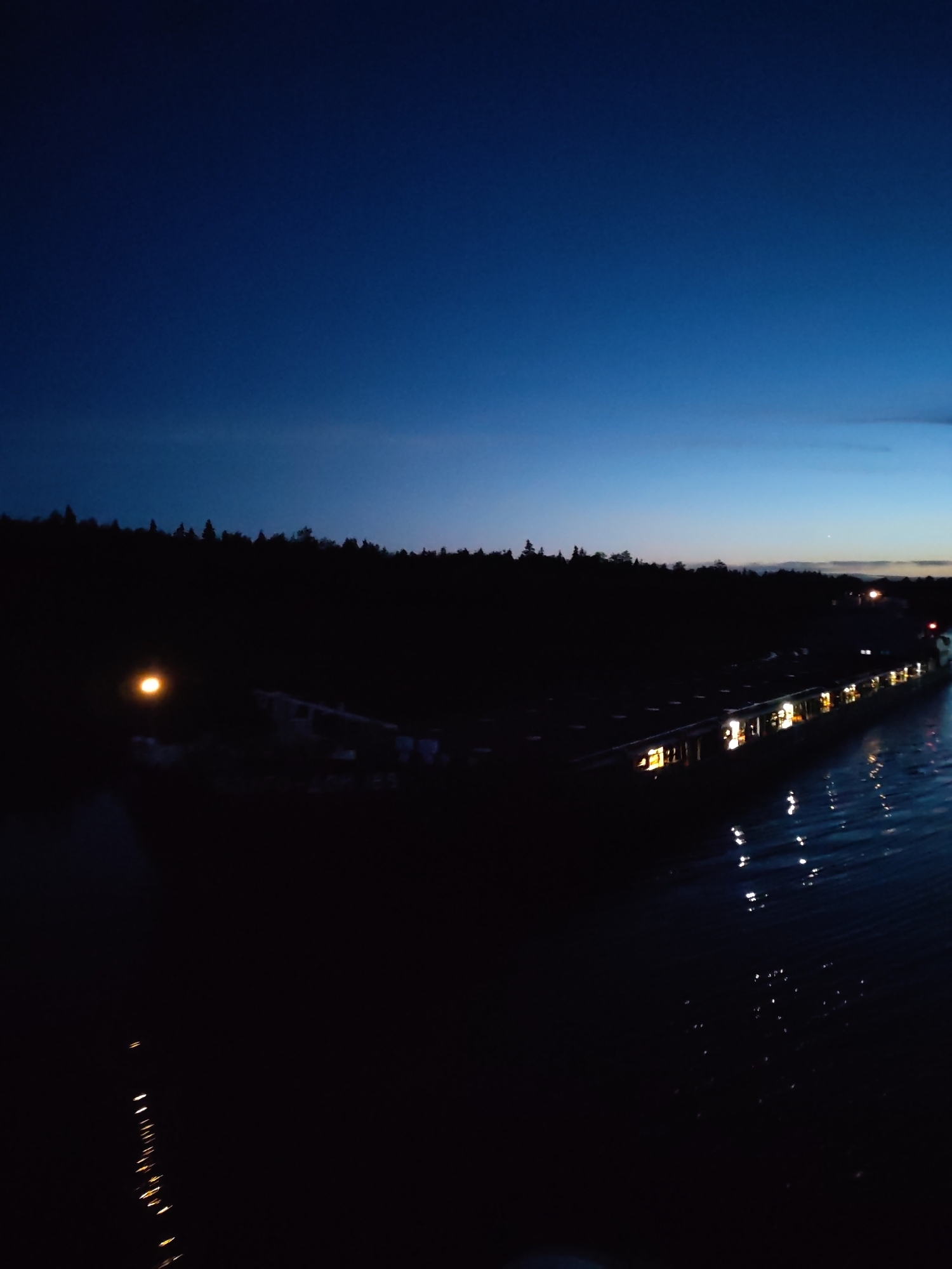 The image depicts a night scene. The sky transitions from a dark blue at the top to a lighter blue/gray near the horizon. A dark, silhouetted treeline stretches across the middle of the image. The foreground is predominantly dark, possibly water, with a line of light reflections suggesting ripples or small waves. A long building or series of buildings with lighted windows runs along the right side of the image, partially obscured by darkness. The specific location in Uzhla, Russia, is not discernible from the image.