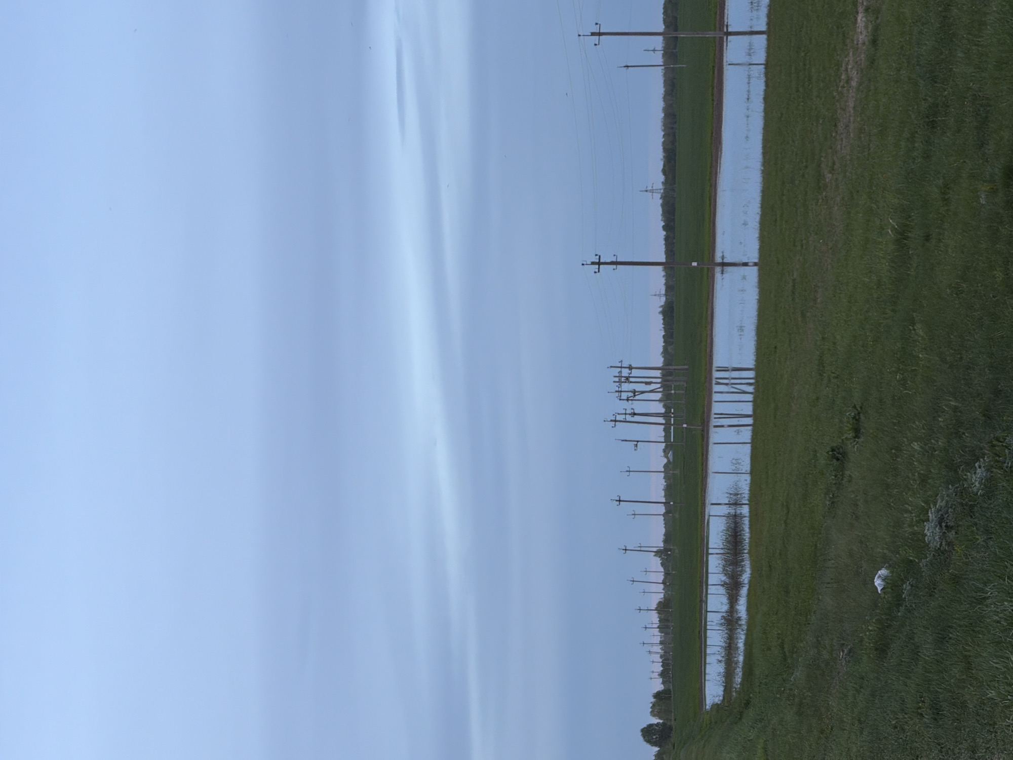 The image depicts a rural scene in Azyakul', Russia. A line of wooden utility poles stretches into the distance, reflecting in a body of water that appears to be flooding part of the landscape. The ground is covered in green grass, and the sky is overcast with a light blue hue. A white plastic bag is visible in the grass on the right side of the image.