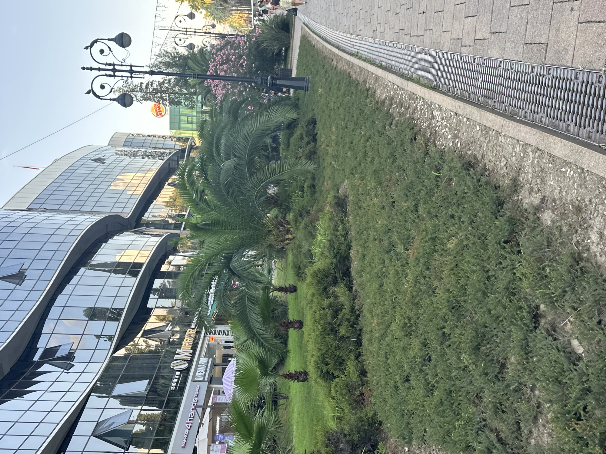 The image depicts a modern commercial building with a curved glass facade, reflecting the sky and trees. In front of the building, there is a well-maintained green space with palm trees and manicured bushes. A paved walkway runs along the side of the green space, separated by a metal grate drainage system. A lamppost with multiple lights stands near the walkway. In the background, there are signs for businesses, including "Burger King" and "Mirror." The overall impression is that of a vibrant urban environment, possibly a resort area. The presence of palm trees and the style of the building suggest a warm climate, consistent with Sochi, Russia, a city known for its subtropical climate and resort attractions. The image captures a typical street scene in a well-developed area of the city, likely during daylight hours.