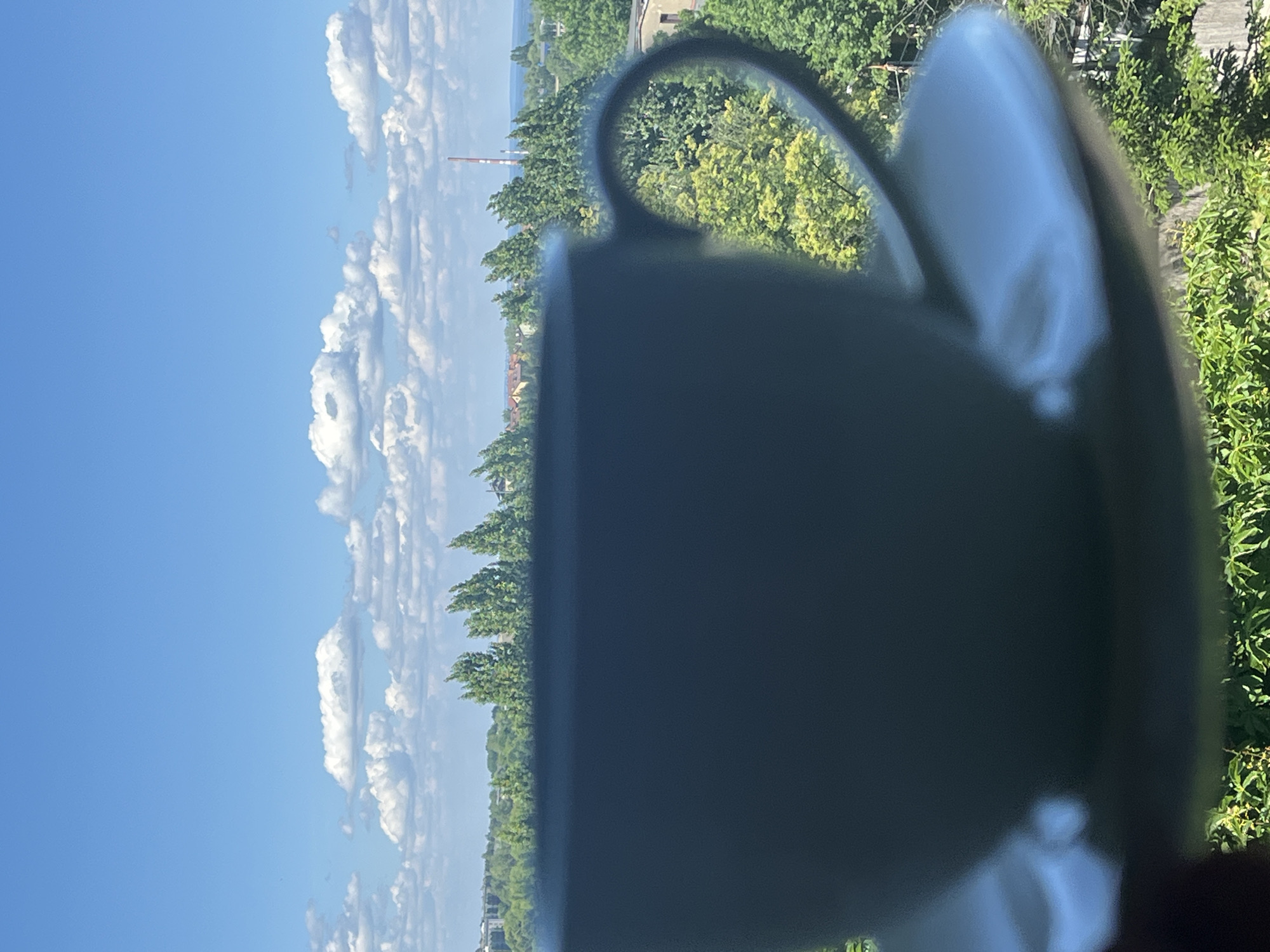 A forensic examination of the image reveals an outdoor scene captured during daylight hours, characterized by bright illumination and a clear sky adorned with scattered cumulus clouds. In the immediate foreground, the top and side of a dark, out-of-focus ceramic mug and its matching saucer are prominently positioned, partially obscuring the lower portion of the view. The mug's handle is visible on the right side, and a reflective surface is discernible on the saucer.
Beyond the blurred foreground, a vast expanse of green foliage, dominated by numerous trees, forms the midground, suggesting a heavily vegetated landscape. These trees appear vibrant and densely packed. In the distant background, above the treeline, scattered buildings indicate an urban or suburban settlement. A distinct industrial chimney or tower, painted with alternating red and white stripes, stands tall on the right side of the horizon. Further to the right and slightly beyond the urban structures, a body of water is faintly visible, suggesting the presence of a large lake or sea. The location is in the city of Unknown, Unknown. No individuals, animals, or specific actions are discernible within the frame.