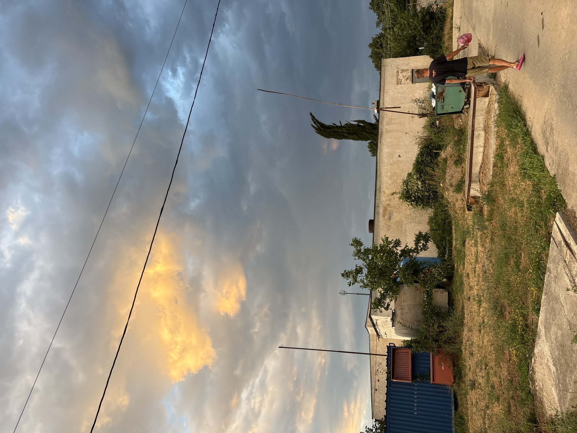 A man wearing a black t-shirt, khaki shorts, and pink slides walks away from the camera on a concrete path. He is carrying a pink plastic bag in his right hand. The scene is an outdoor industrial area with a long, light-colored building in the background. To the left of the building are a blue shipping container and a red rack. Overgrown vegetation, dry grass, and a metal trash bin are present in the foreground and around the building. A tall, slender tree with a distinctive curved top is visible behind the building. The sky above is filled with dramatic clouds, with a patch of bright yellow-orange illuminated by sunlight on the left and dark, stormy clouds on the right. Power lines are strung across the sky. The location is identified as Malyi Mayak, Ukraine.
