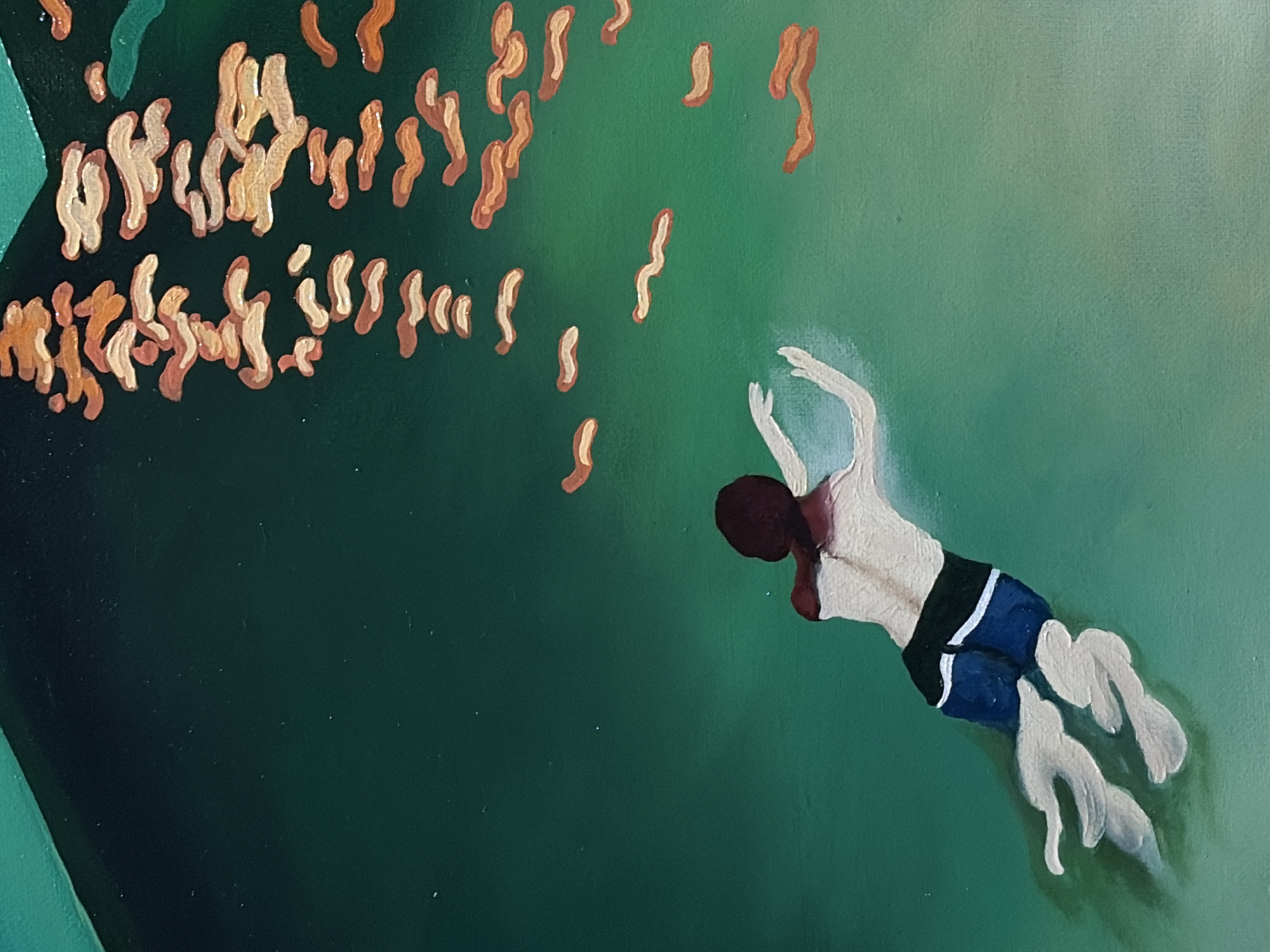 A painting shows a person diving into green water, with air bubbles ascending from the left side of the image. The person wears dark blue swimming trunks with a black band and has dark hair. Their arms are extended upwards, and their legs trail behind them. The location of the painting in Bangkok, Thailand, is not discernible from the visual evidence.