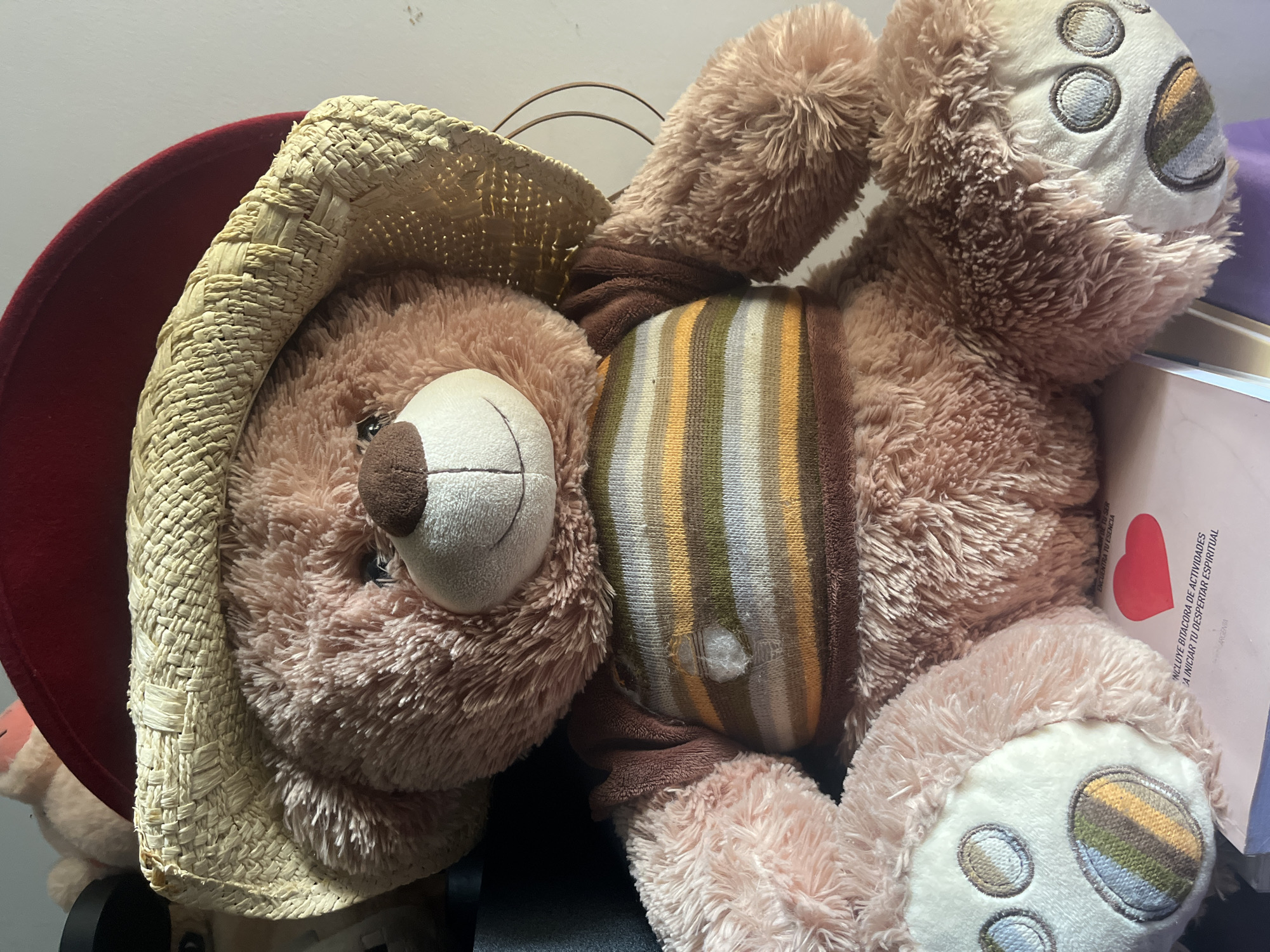 A brown plush teddy bear is lying on its back. The bear is wearing a woven straw hat with a red brim. It also has a striped sweater around its torso, which has a small hole in it, exposing the stuffing. The bear has a white muzzle and paw pads with stitched details. A white book or pamphlet with a red heart design and text in Spanish ("DE TU SER, ENCUENTRA TU ESENCIA, INCLUYE BITACORA DE ACTIVIDADES PARA INICIAR TU DESPERTAR ESPIRITUAL, ARGENTINA") is partially visible near the bear's paw. The location is in Buenos Aires, Argentina, as indicated by the text on the pamphlet.
