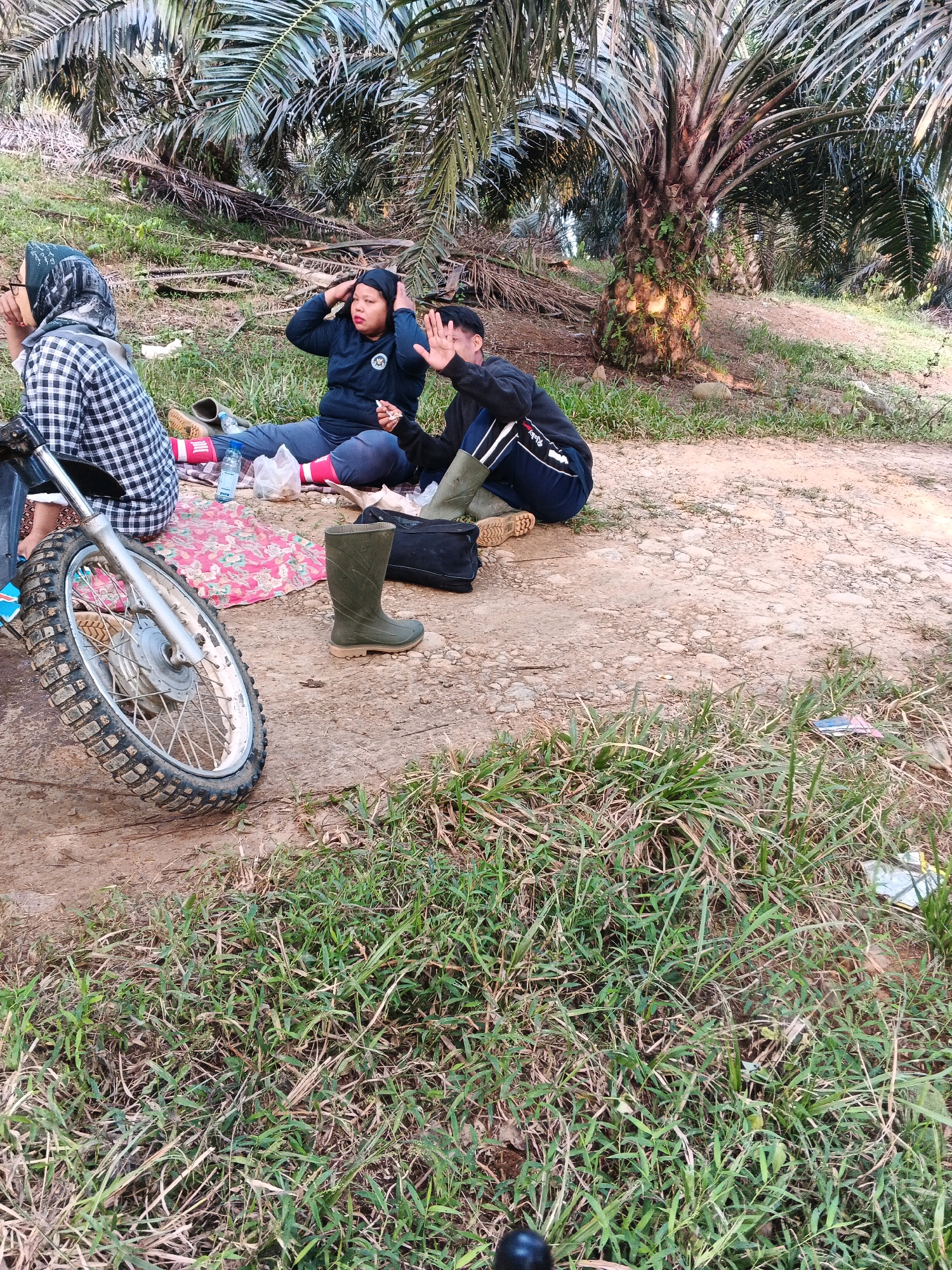 In Batu Ejung, Indonesia, three individuals are taking a break in a palm oil plantation. The scene features a dirt path covered in dry leaves and scattered stones, with lush green grass growing along the edges. In the background, a mature palm tree stands prominently, surrounded by more palm trees that create a dense canopy, casting shadows on the ground.
Two individuals are seated on a patterned cloth on the ground. One person, wearing a black and white checkered long-sleeved shirt and a headscarf, is partially visible on the left. They are looking towards the left side of the frame. The second person, wearing a dark blue hooded jacket and dark pants with red socks, is in the center. They have their hands on their head, seemingly exasperated or stressed. To their right, a third individual, wearing a dark jacket with white stripes on the sleeves and dark pants, is also seated. They are holding up one hand, palm facing outward, as if to stop something or as a gesture of communication. They are also wearing dark green boots.
Various objects are scattered around the individuals, including a bottle of water, plastic bags, and a black bag. To the left of the frame, the front wheel of a motorcycle is visible, with its knobby tire resting on the dirt. A pair of brown boots with red accents and a pair of dark green rubber boots are also present on the ground near the seated individuals. The overall impression is a moment of rest or a pause in activity within a natural, somewhat rugged environment.