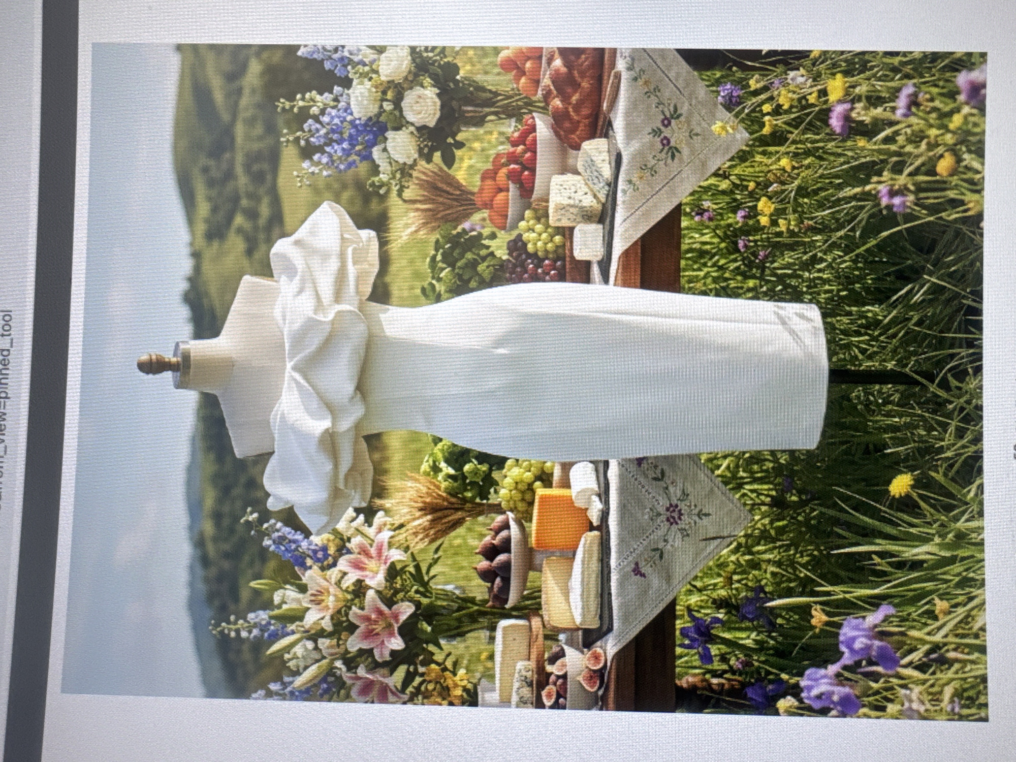 The image shows a white dress on a mannequin standing next to a table laden with flowers, bread, cheese, grapes, and other food items. The background is a blurred landscape with trees and flowers. There is no indication in the image that it is located in Tel-Aviv, Israel.