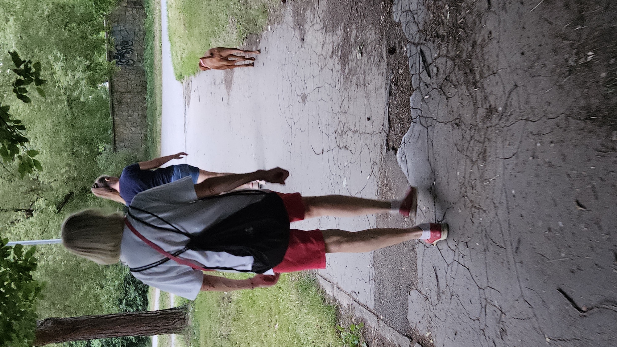 A person with blonde hair wearing a white t-shirt, black and white vest, and red shorts walks on a paved path. They are carrying a black bag with a red strap over their shoulder. Behind them, another person in a dark blue t-shirt and denim shorts is walking. Further in the background, a brown dog is lying on the path. The scene is set in a park-like environment with lush green trees and grass on the left and a cracked paved area on the right. The time of day appears to be overcast, possibly late afternoon or early morning, given the diffused lighting. The image is oriented vertically, suggesting it might have been taken with a phone. The overall mood is casual and outdoorsy. No visible text is present in the image.