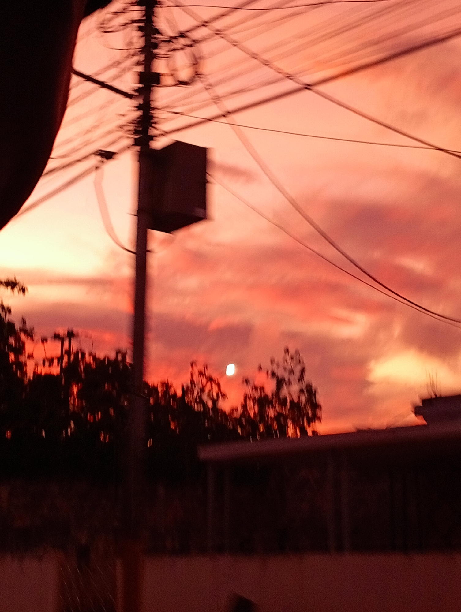 In Altagracia, Venezuela, the photograph captures a blurred, low-light scene dominated by a vibrant sunset sky. The sky is a gradient of intense reds, oranges, and yellows, with scattered, dark clouds. A utility pole with multiple wires crisscrosses the frame from the bottom left towards the top right. A dark, rectangular electrical box is attached to the pole. Silhouetted trees and the top of a building with a flat roof are visible in the lower half of the image. A small, bright circular object, possibly the moon or a distant light, is present in the sky amidst the trees. The overall impression is that of an urban twilight with power lines and foliage against a dramatic sky.