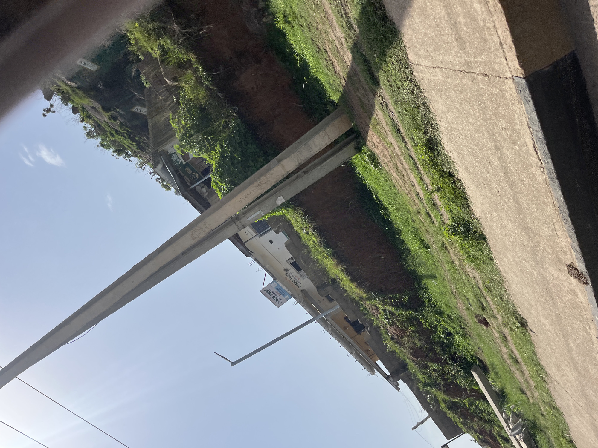 The image shows a street scene in Gura Top, Nigeria, on a bright, sunny day. A tall, weathered concrete utility pole is the dominant element in the foreground, angled across the frame. To the left of the pole, the sky is clear and blue, with a lens flare from the sun. A telephone wire is visible stretching horizontally across the sky. Beyond the pole, a steep, grassy embankment rises, dotted with green vegetation and some exposed reddish-brown earth.
Further up the embankment, a row of buildings is visible. One building has a light-colored facade with the name "HYBRID FEEDS" prominently displayed on a blue sign. Another sign, also reading "HYBRID FEEDS", is mounted below it. A street lamp with a single light fixture stands near these buildings. Behind these structures, the hillside continues to ascend, covered in rocks and more vegetation. The ground in the foreground appears to be a paved walkway or road, with a dark-colored curb. The overall impression is one of an urban environment integrated with a natural, elevated landscape.