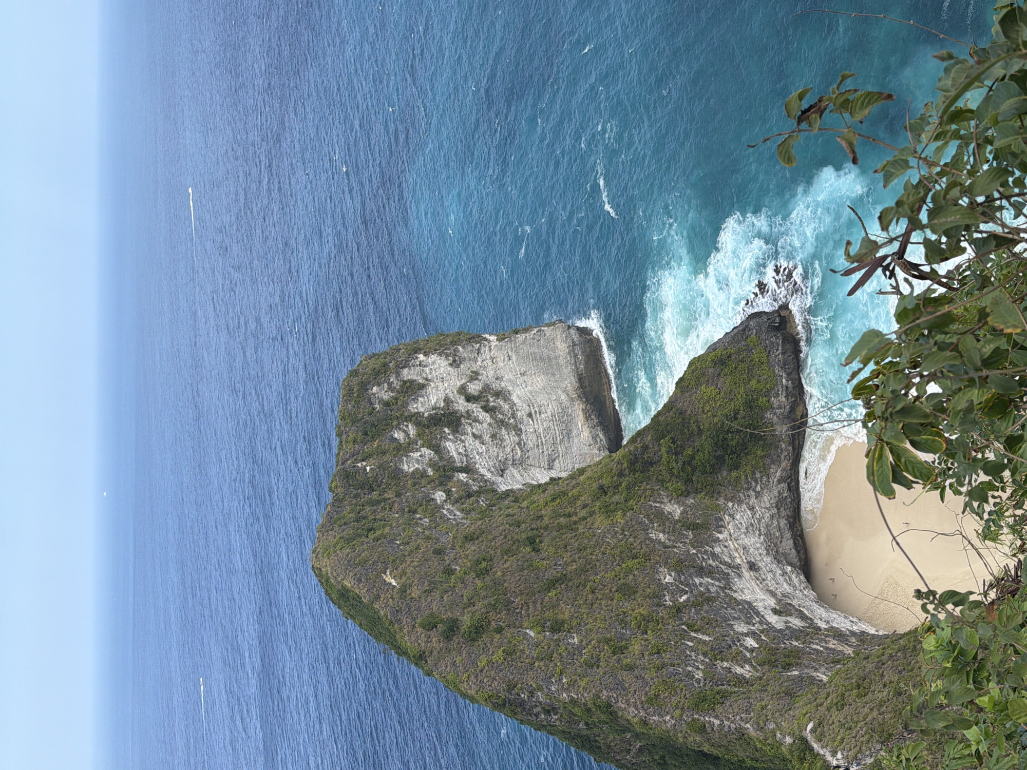 The image shows a high-angle view of Kelingking Beach, a famous cliff formation on Nusa Penida Island, Indonesia. The beach is situated at the base of a steep, vegetated cliff that juts out into the turquoise ocean. The water is a vibrant blue, with white waves crashing against the rocky shore and the base of the cliff. The sky is a clear, pale blue. There are small boats visible in the distance on the ocean. In the foreground, the lush green foliage of plants hangs over the edge of the cliff, partially obscuring the view. On the beach, a few tiny human figures can be seen walking along the sand. The overall scene depicts a remote and stunning coastal landscape.