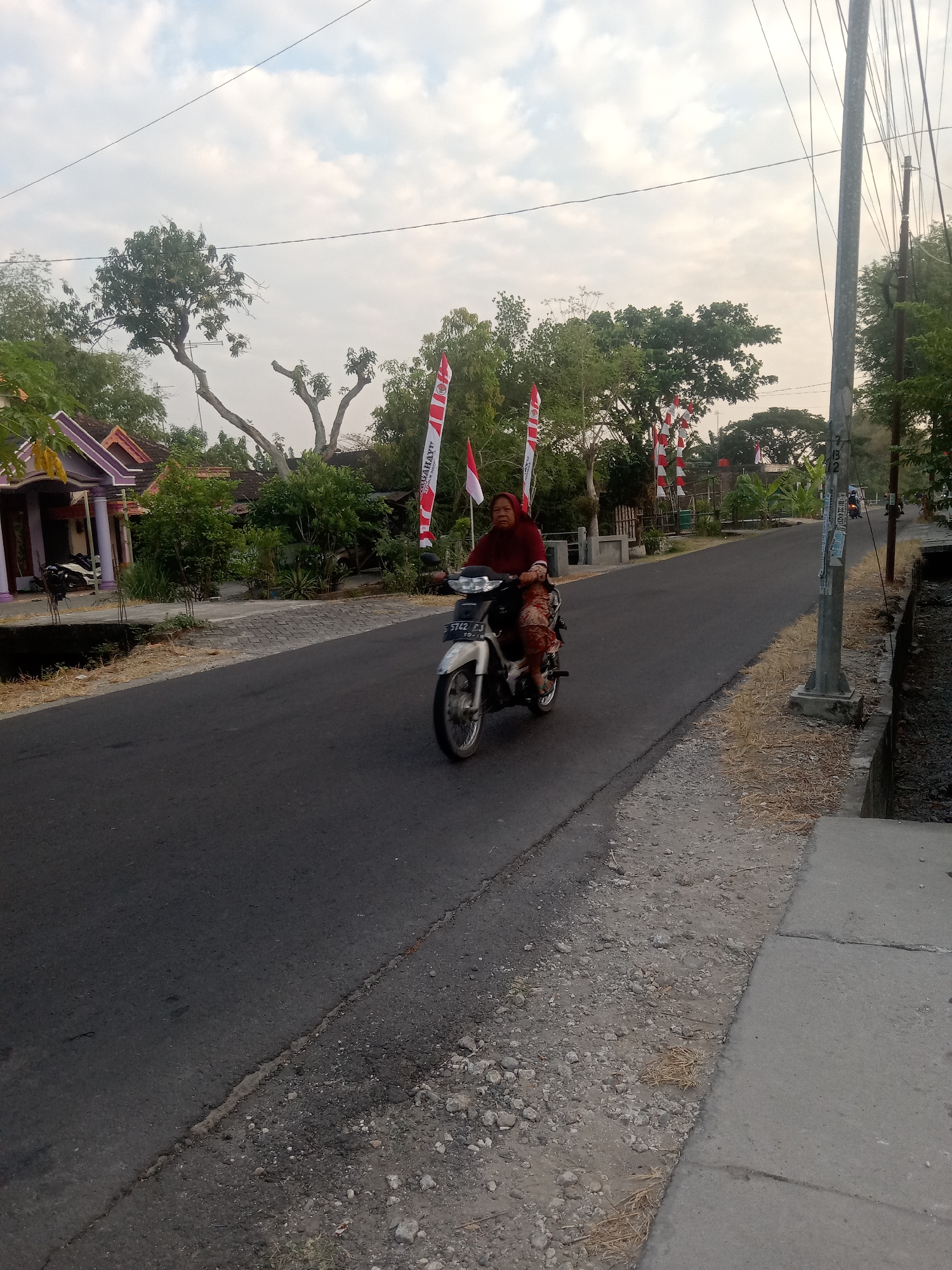 The image depicts a street scene in Sugihwaras, Indonesia, during what appears to be late afternoon or early morning, given the soft lighting and shadows. A woman wearing a reddish-brown headscarf and a patterned dress is riding a silver motorcycle down a paved asphalt road. She is positioned in the left lane of the road, moving away from the viewer. The motorcycle has a license plate that reads "5742 CJ".
The road is bordered on the left by a dry, grassy area and then a row of houses, one of which is visible with purple and white trim and pillars. Trees and other vegetation line the street. Several Indonesian flags, red and white, are planted along the side of the road, indicating a possible national celebration or commemoration.
On the right side of the road, there is a concrete sidewalk and a drainage ditch. A utility pole with wires running overhead stands prominently on the right side, with some posters or notices attached to it. Further down the road, other houses and more vegetation are visible. The sky is overcast with soft clouds.