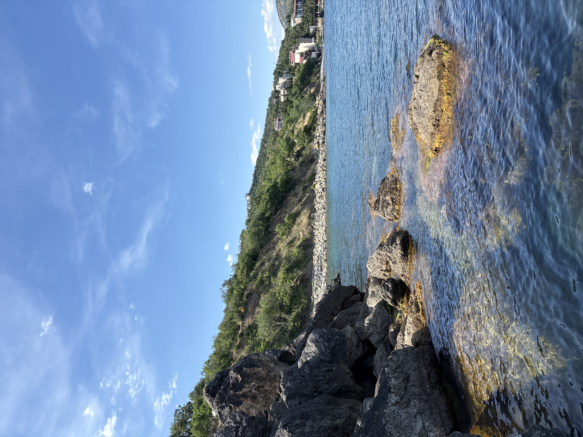 This is a vertical, medium-shot photograph of a rocky shoreline on a sunny day, with buildings visible on a hill in the distance. The foreground is dominated by dark, jagged rocks on the left, with smaller, partially submerged rocks in the clear blue water to the right. The water exhibits patterns of sunlight filtering through it, revealing submerged rocks and vegetation.
In the midground, a sloping hill is covered with dense green vegetation and scattered trees. Along the crest of the hill, several buildings are nestled amongst the trees, appearing to be residential structures. These buildings vary in color and architectural style, with some appearing to be modern. Further in the distance, more buildings and structures are visible on the hillside, indicating a populated area.
The background consists of a clear, light blue sky with scattered wispy white clouds. The overall scene depicts a natural coastal landscape with human habitation integrated into the hillside. The location is specified as Chaika, Ukraine, though this information is not visually verifiable from the image content itself. There are no people or animals present in the image. The photograph appears to be taken from a low angle, close to the water's surface.