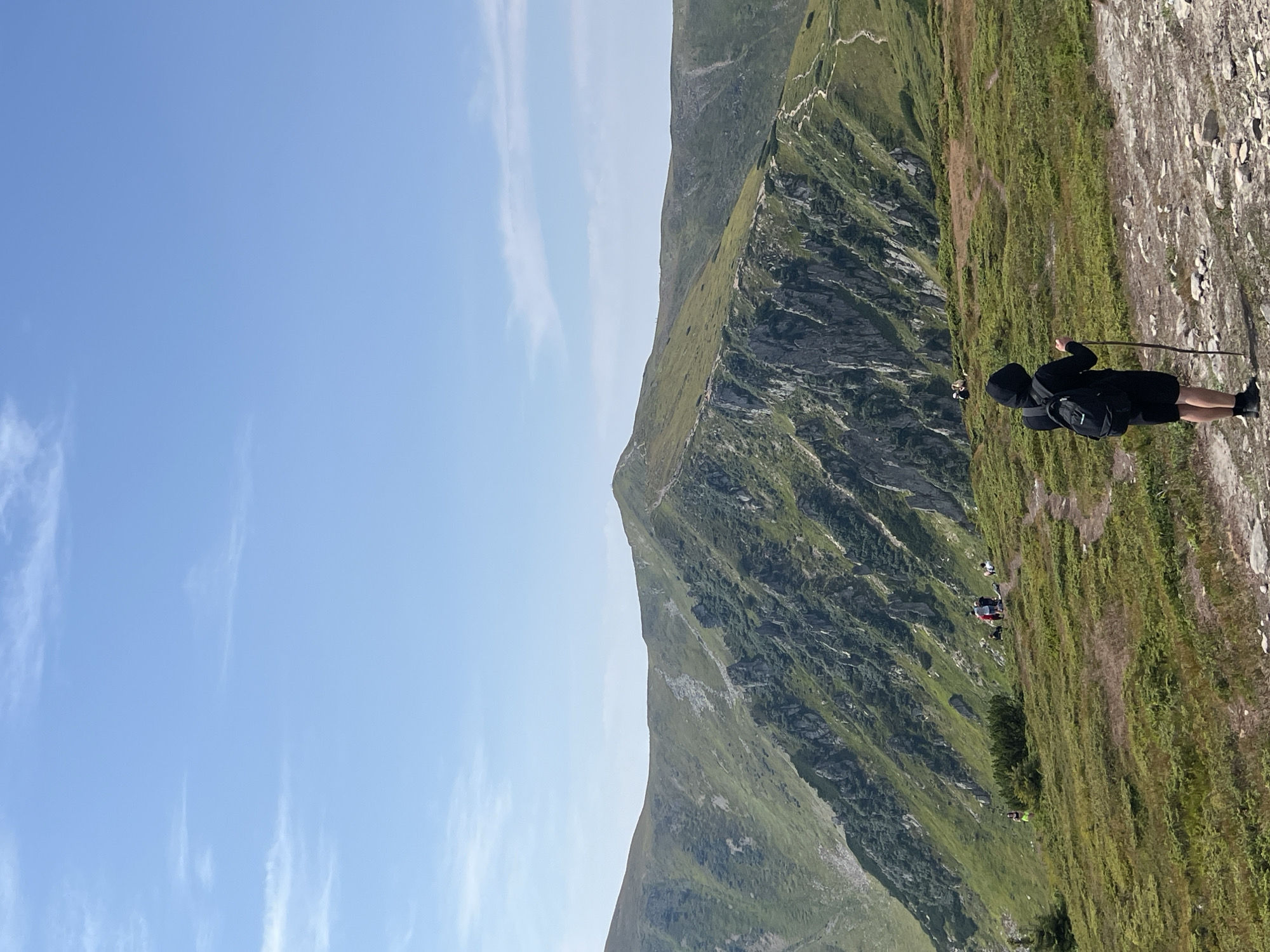 A lone hiker wearing a black hoodie and shorts stands facing a vast mountain range on a sunny day. The hiker has a black backpack and holds a wooden walking stick. The mountains are covered in green grass and rocky outcrops. In the distance, a winding path is visible on the mountainside, and several other hikers are scattered across the terrain. The sky is a clear blue with a few wispy clouds. The scene appears to be a hiking trail in the Carpathian Mountains near Vorokhta, Ukraine.